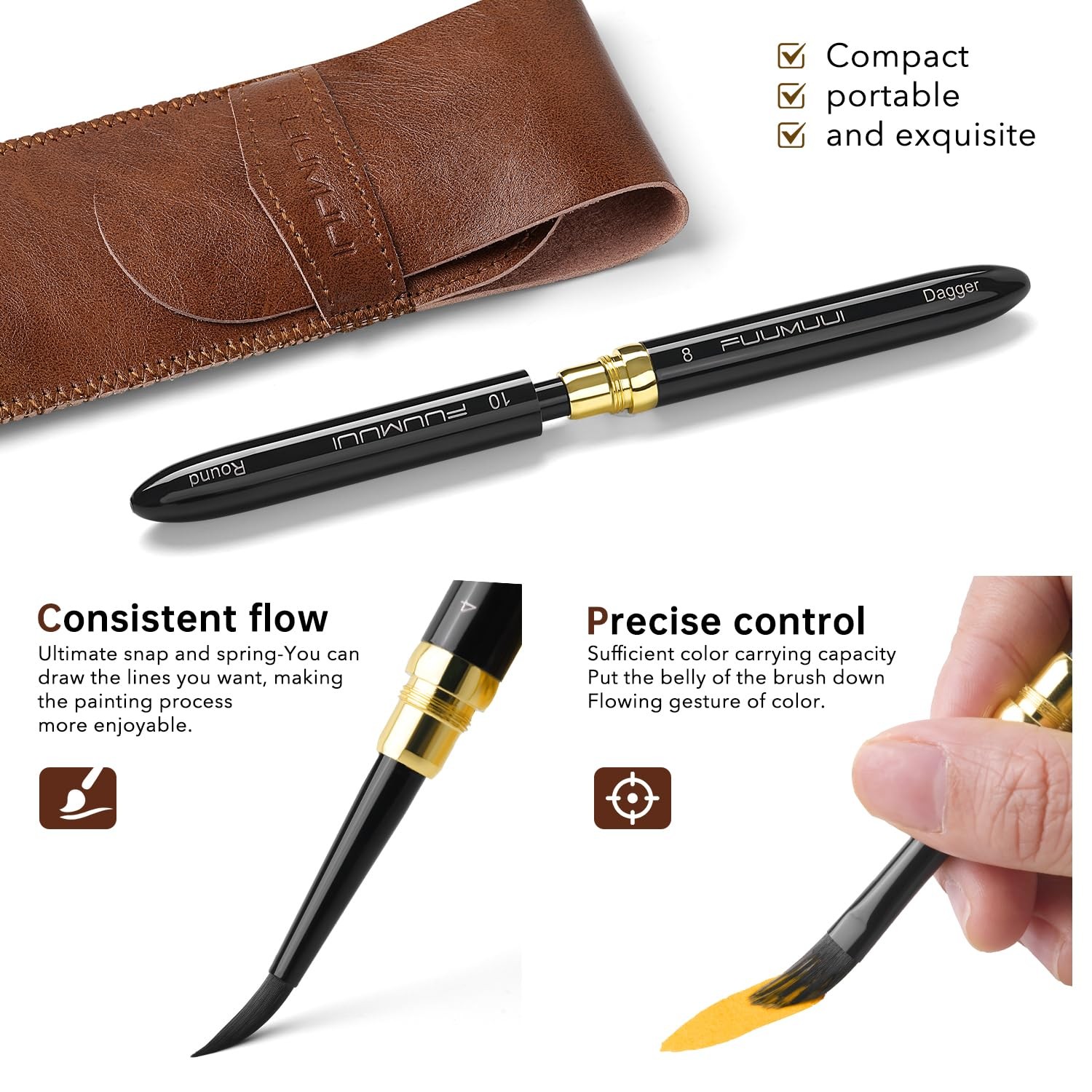4 PCS Sable Travel Watercolor Brushes Leather Pouch Fine Point Rounds Dagger