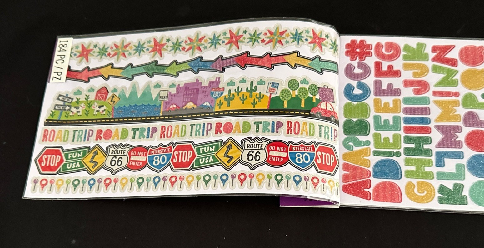 Sticko “ROAD TRIP” Fun Flip Pack – 5 Sheets ~ 184 stickers ~ Borders ~ New