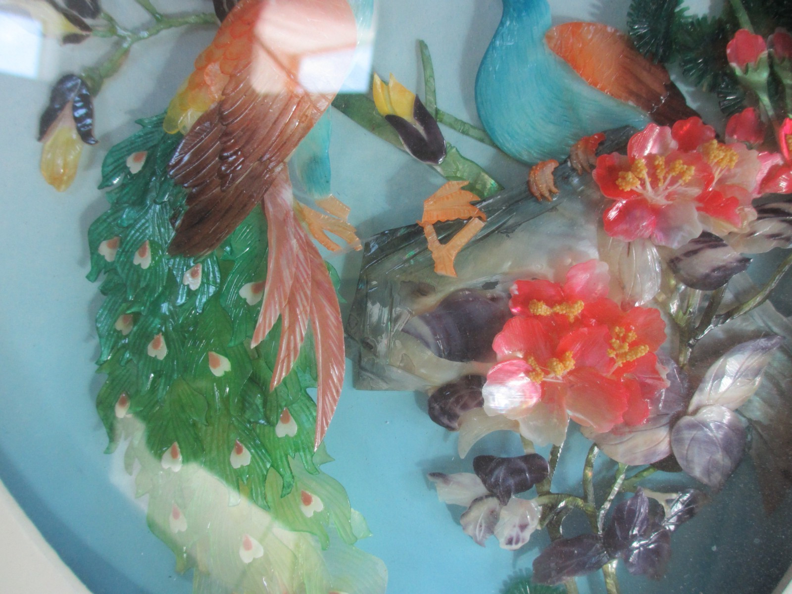 Chinese Carved Shell Art Shadow Box Birds and Flowers 15″ X 11″