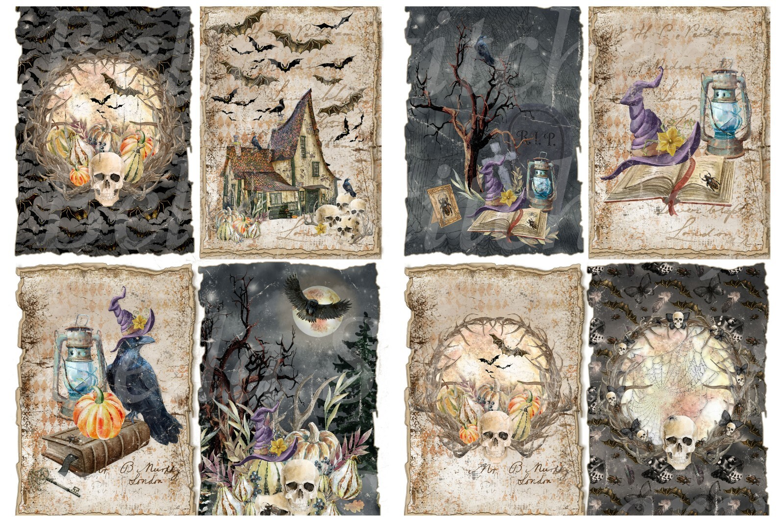 Set of 8 Gothic Halloween Night Skulls & Bats Collage Quilt Cotton FABRIC Panels