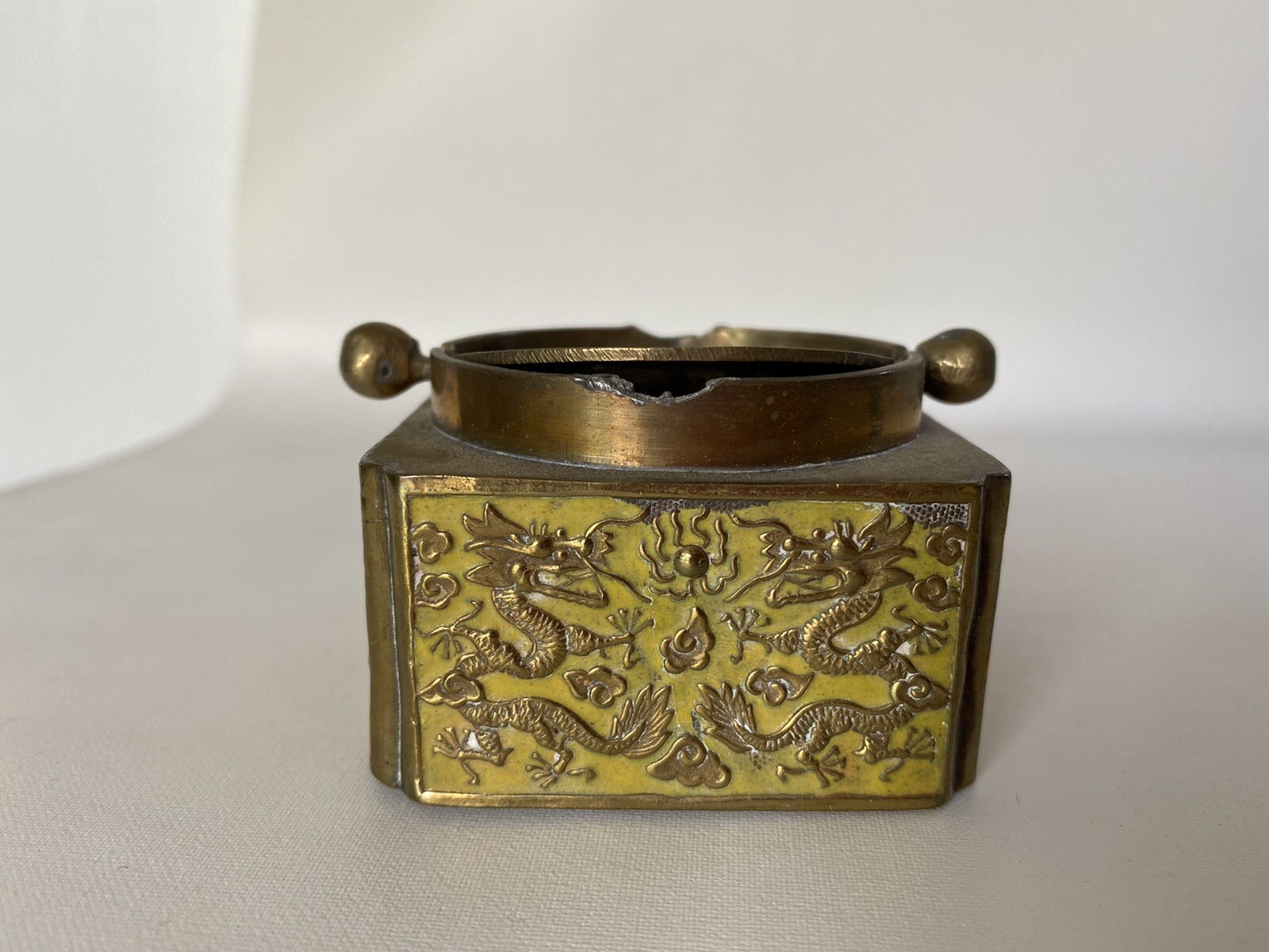 Antique Chinese Enamel Flip Top Ashtray With Eight Dragons Marked CHINA￼
