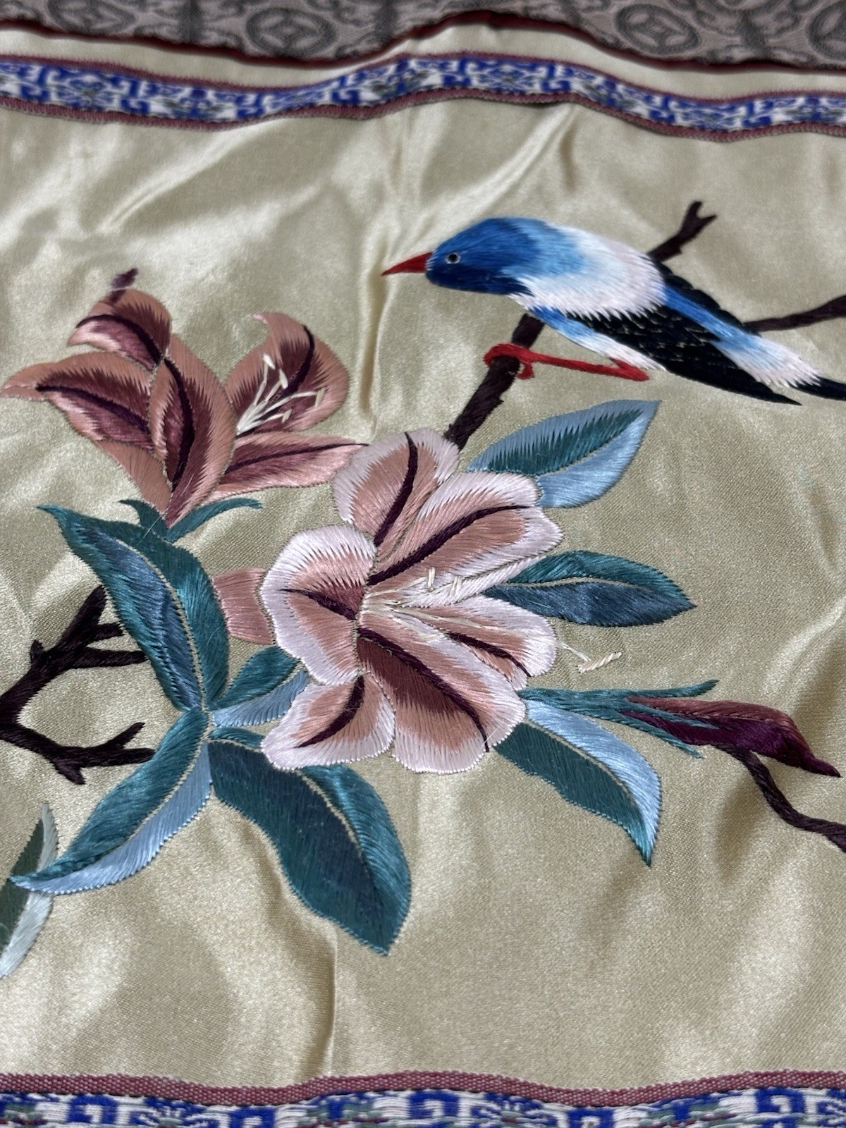 Vintage Dun Huang Chinese Silk Embroidery Bird & Flowers Wall Hanging 12×24