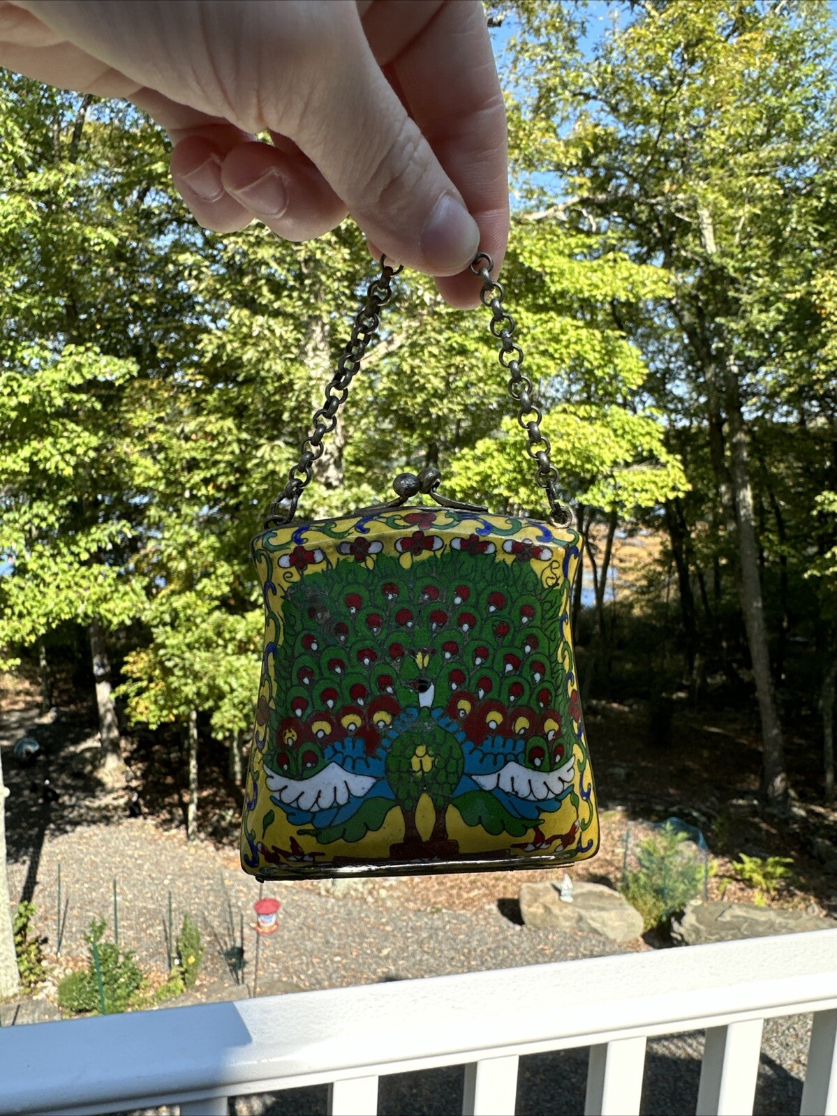 Vintage Chinese Enameled Peacock 3.5” Hinged Coin Purse w/ Chain Strap