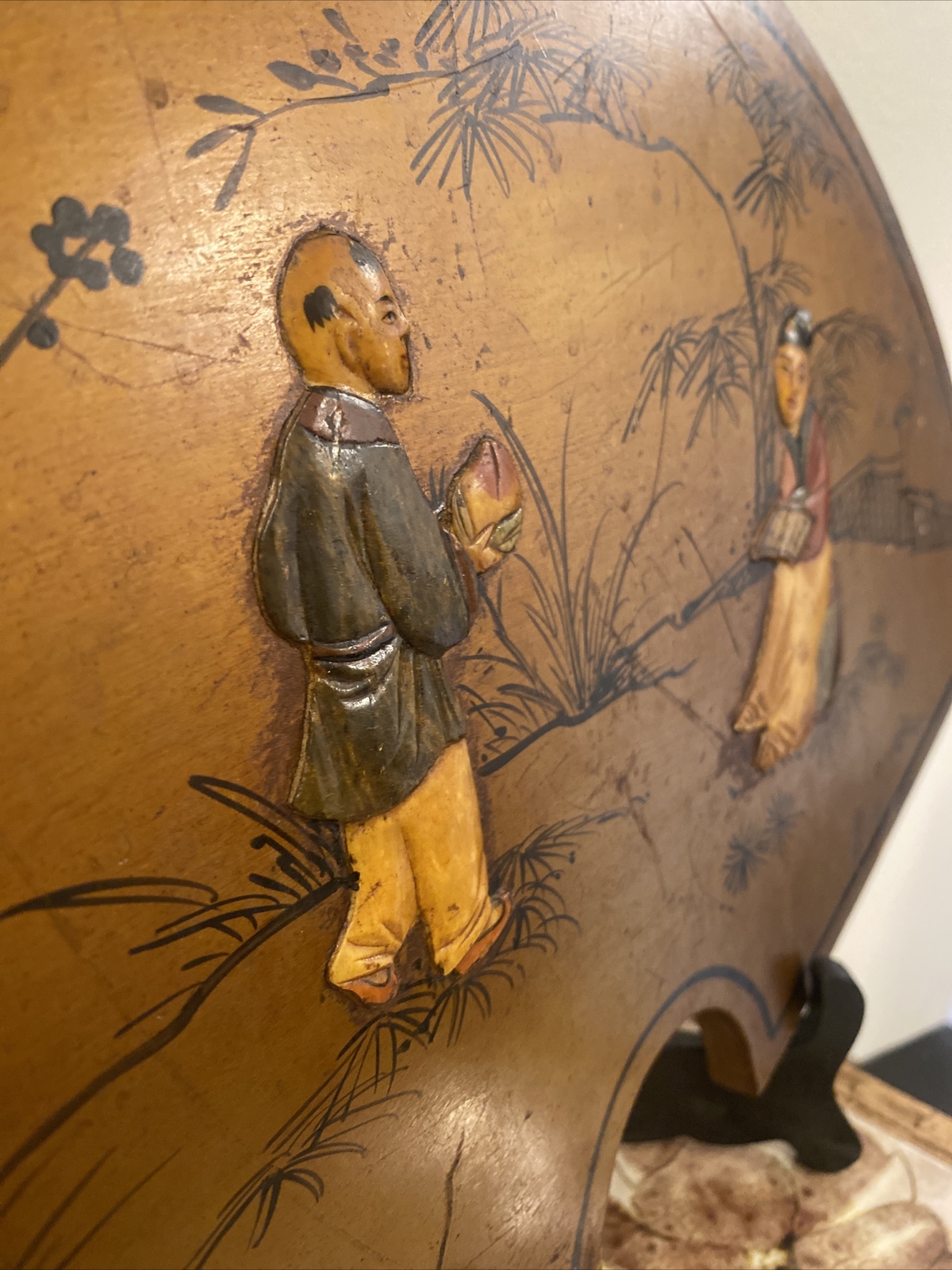 VTG Chinese Lacquered Wooden Painted & Carved Fan Wall Hanging Plaque 18” X 10”