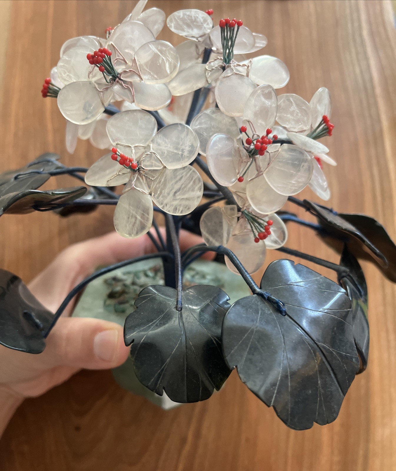 Unique VINTAGE CHINESE JADE STONE FLOWER TREE 7.5” Hand carved Tree