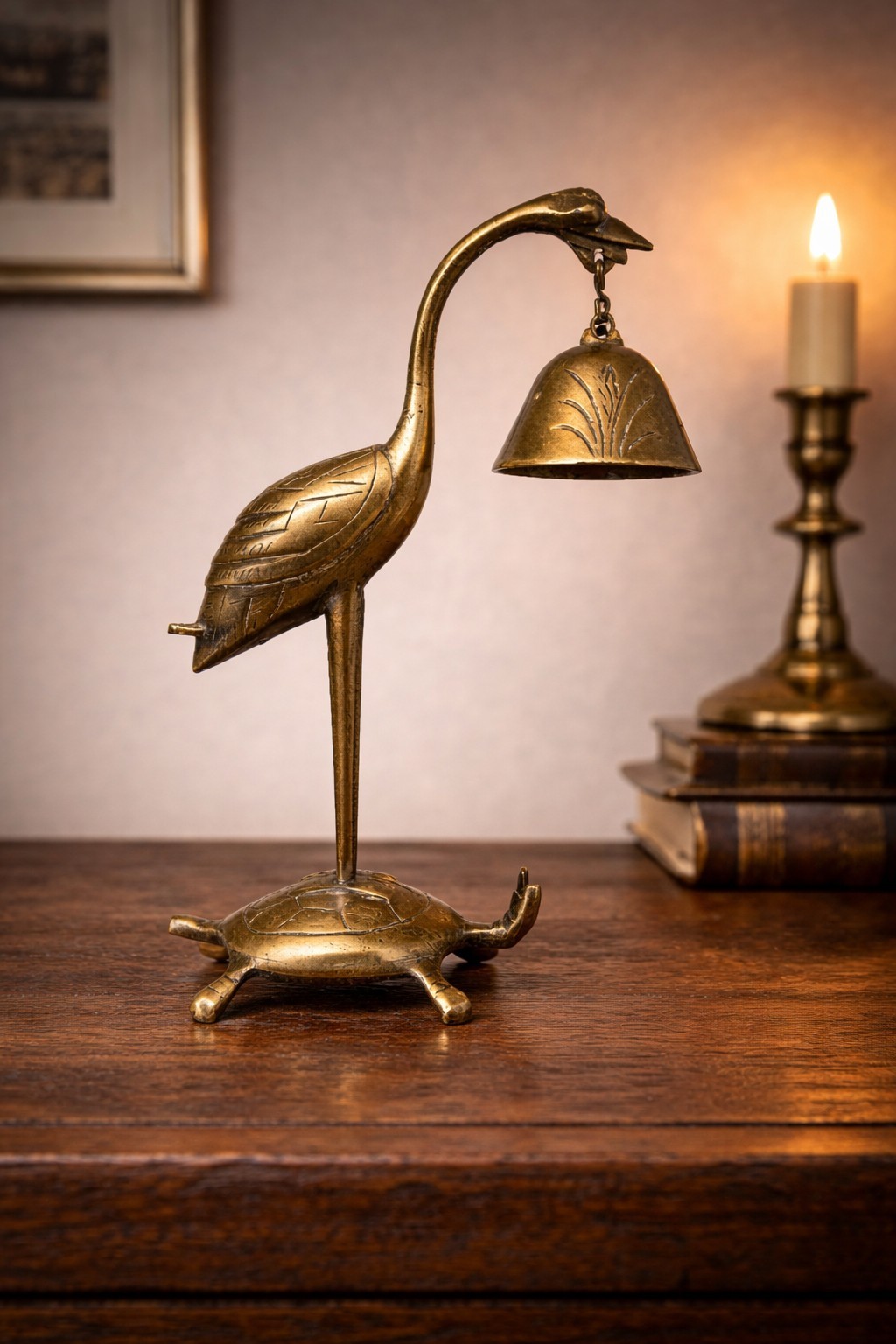 Vintage Brass Crane Bell on Turtle – Altar Desk Bell & Incense Holder China