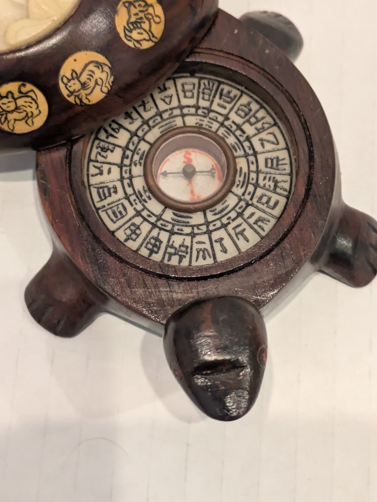 Vintage Carved Wood Turtle with Inlaid Chinese Zodiac Signs Opens to Compass