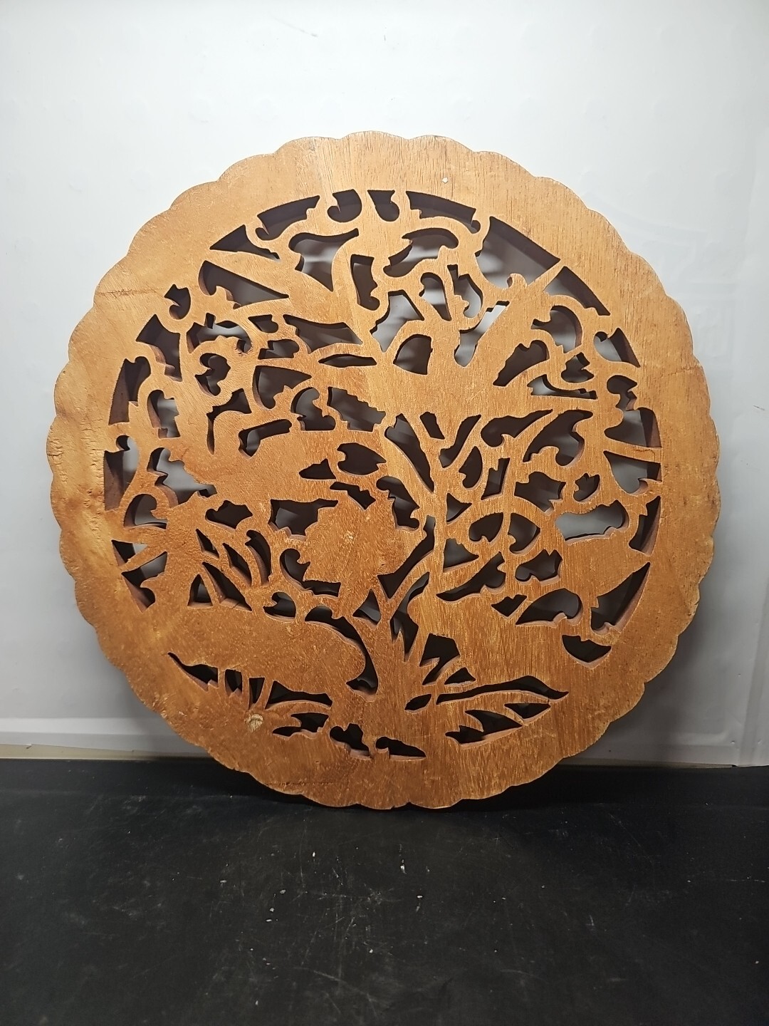Chinese solid Wood Hand Carved Openwork Crane Magpie Birds Flower Floral Plaque
