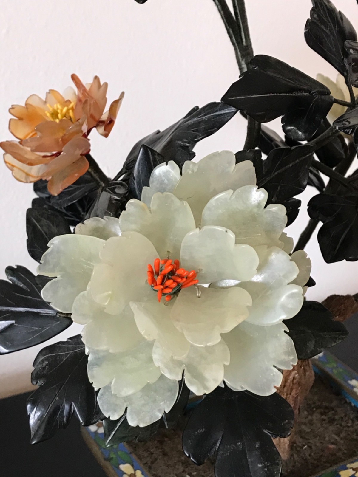 Chinese Vintage Jade Flower Tree in Cloisonne Pot 14″ Inches Tall