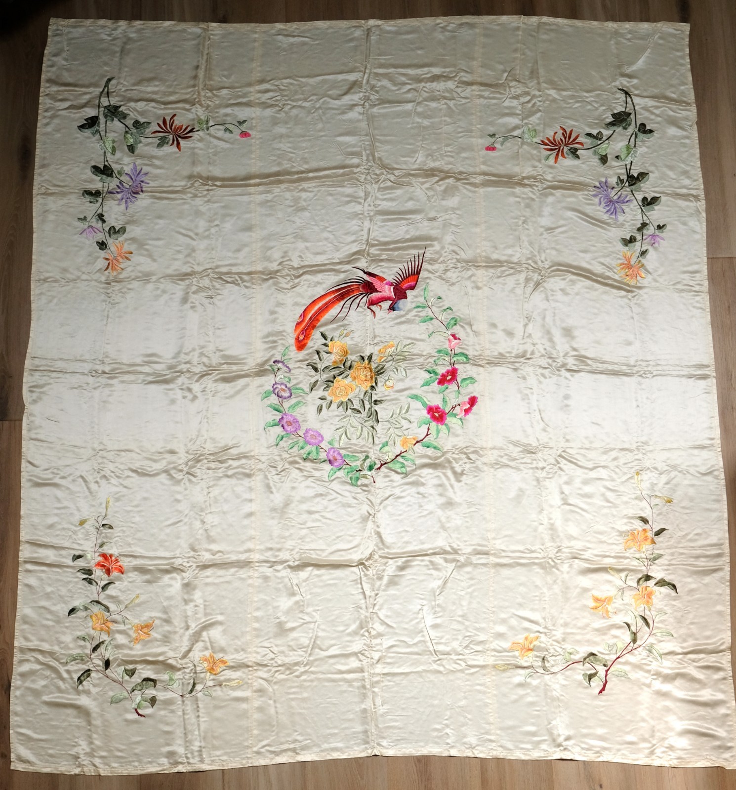 Vintage Chinese Embroidered Silk Large Panel Bed Cover 78″x87″ – never used!