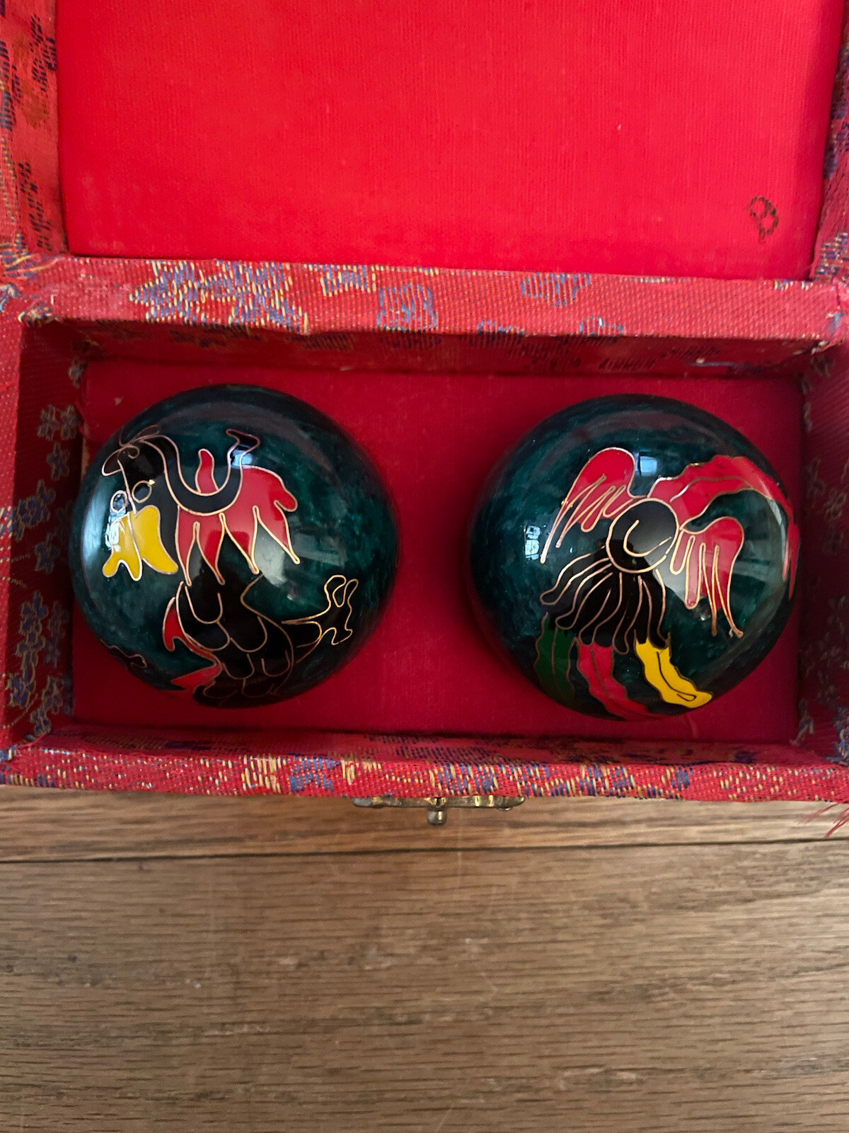 Vintage Chinese Cloisonné Health Iron Ball Set Of 2 Green In Original Box EUC