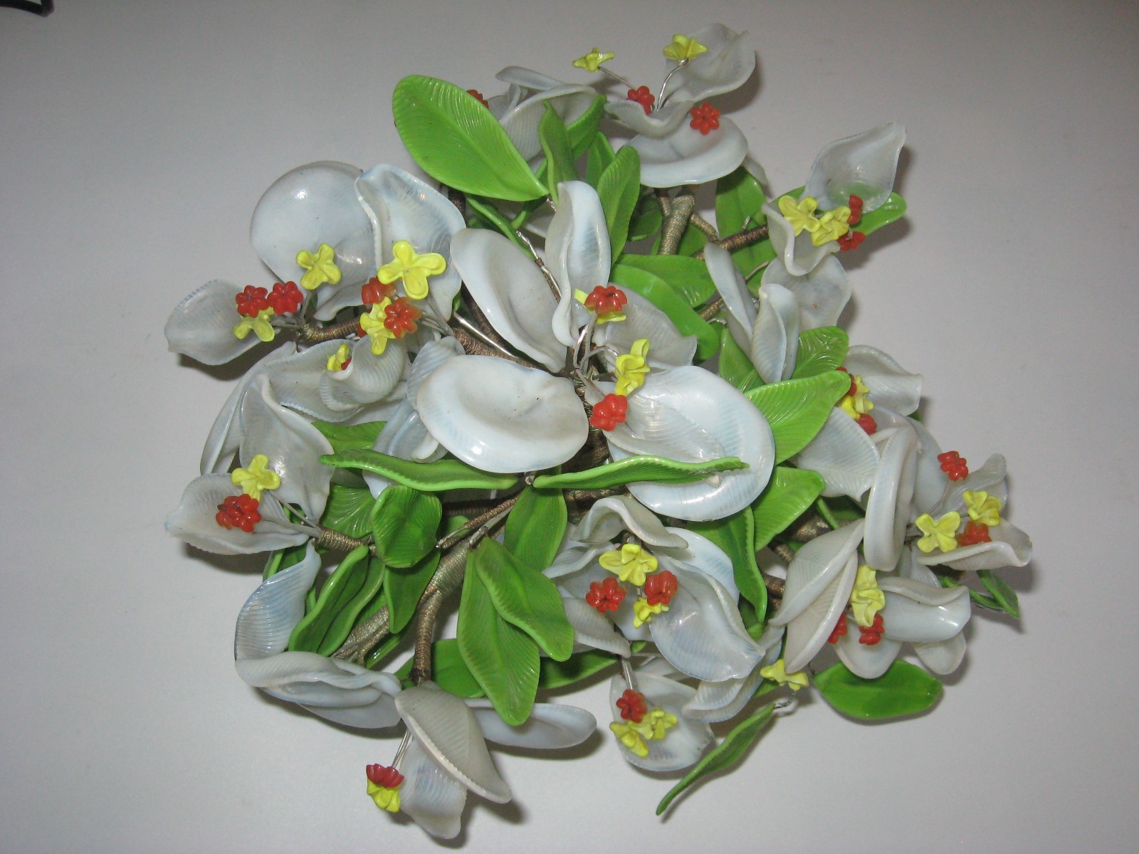 Large Jade/Glass Flower Arrangement Wrapped Wire~Crystal Base~13x14x11 Vintage