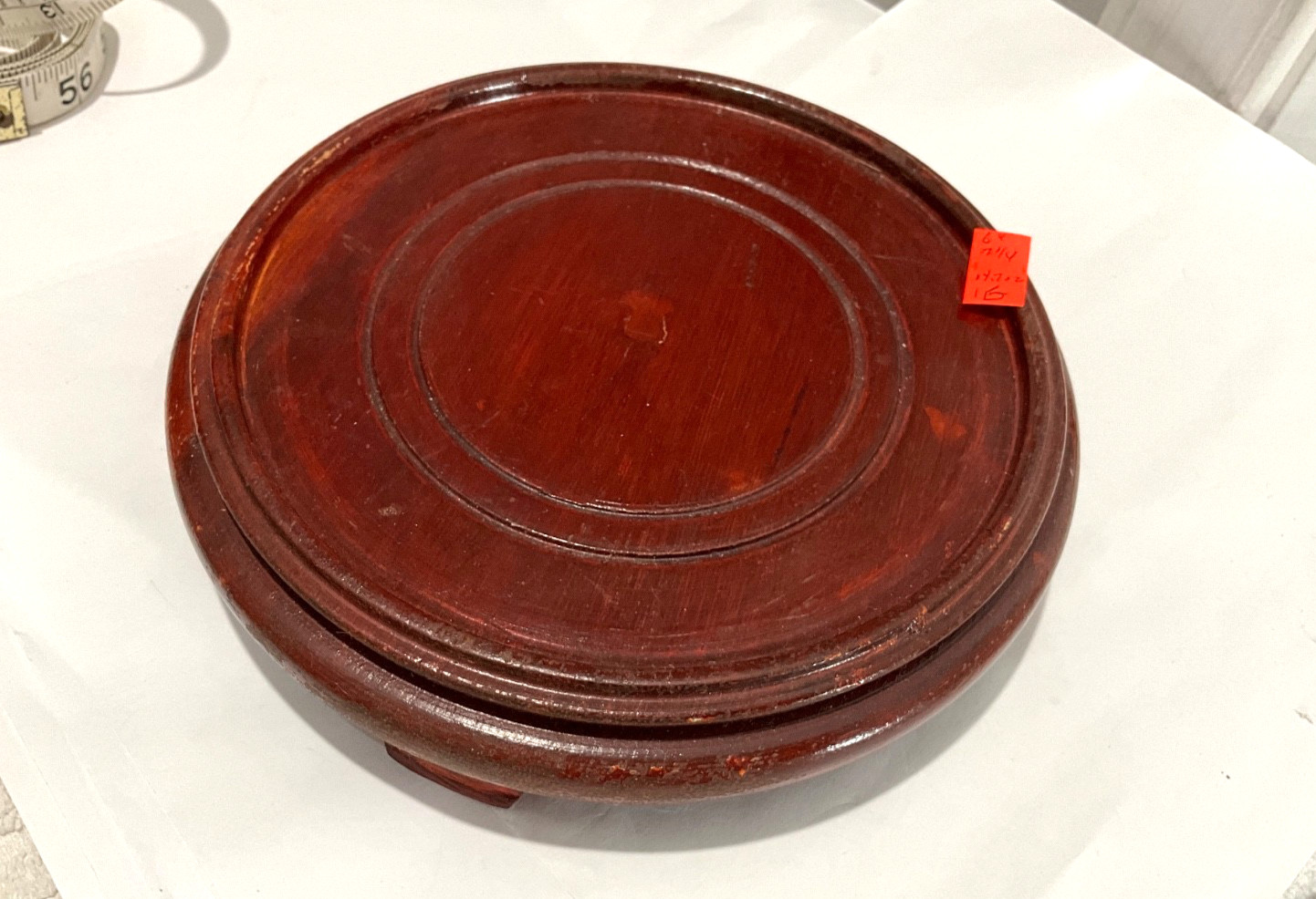 Vtg Asian solid rosewood tone wood footed stand vase holder display 6 in top 1G