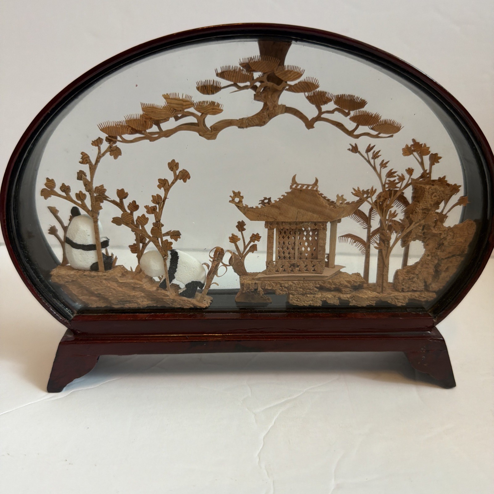Vintage Chinese Cork Art Panda Diorama Glass Shadow Box Hand Carved Landscape