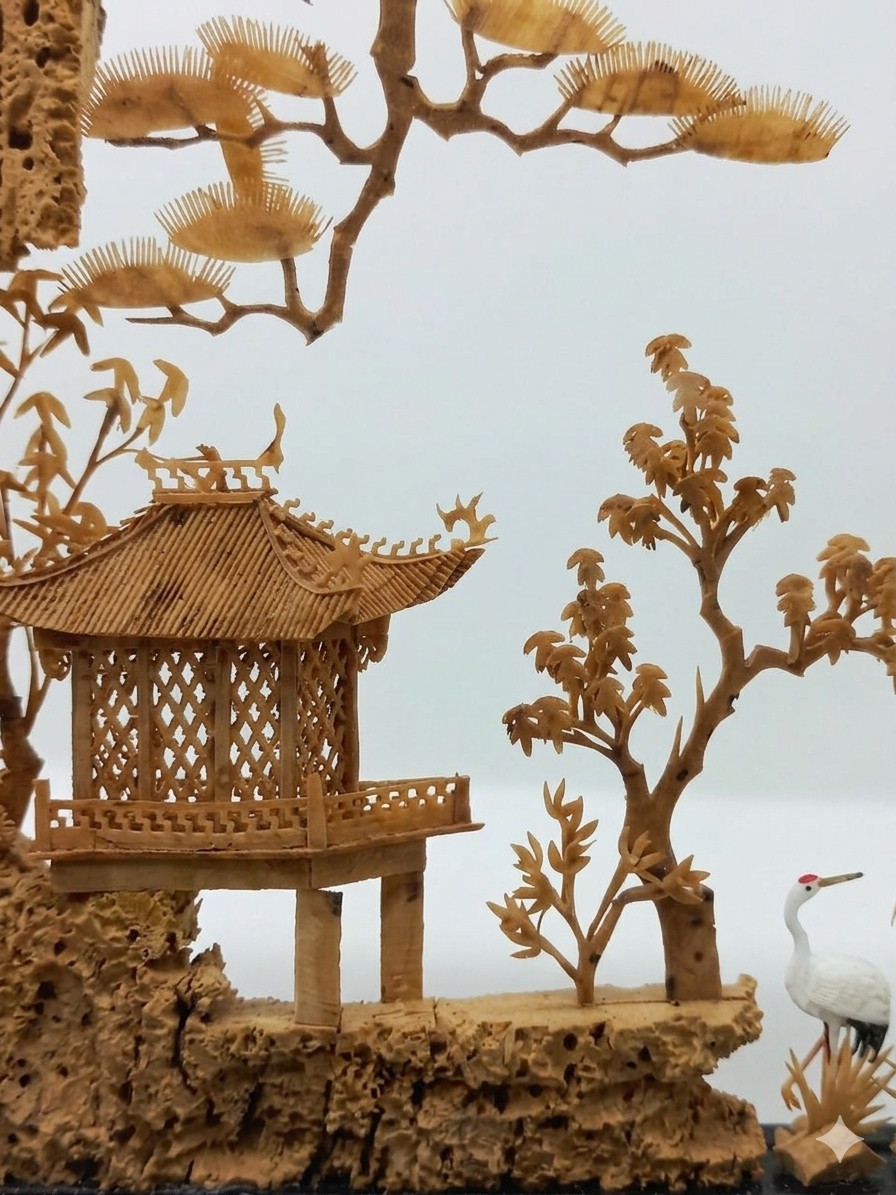 Vintage Chinese Cork Diorama Folding Screen Carved Art Lacquer Wood 3 Panel
