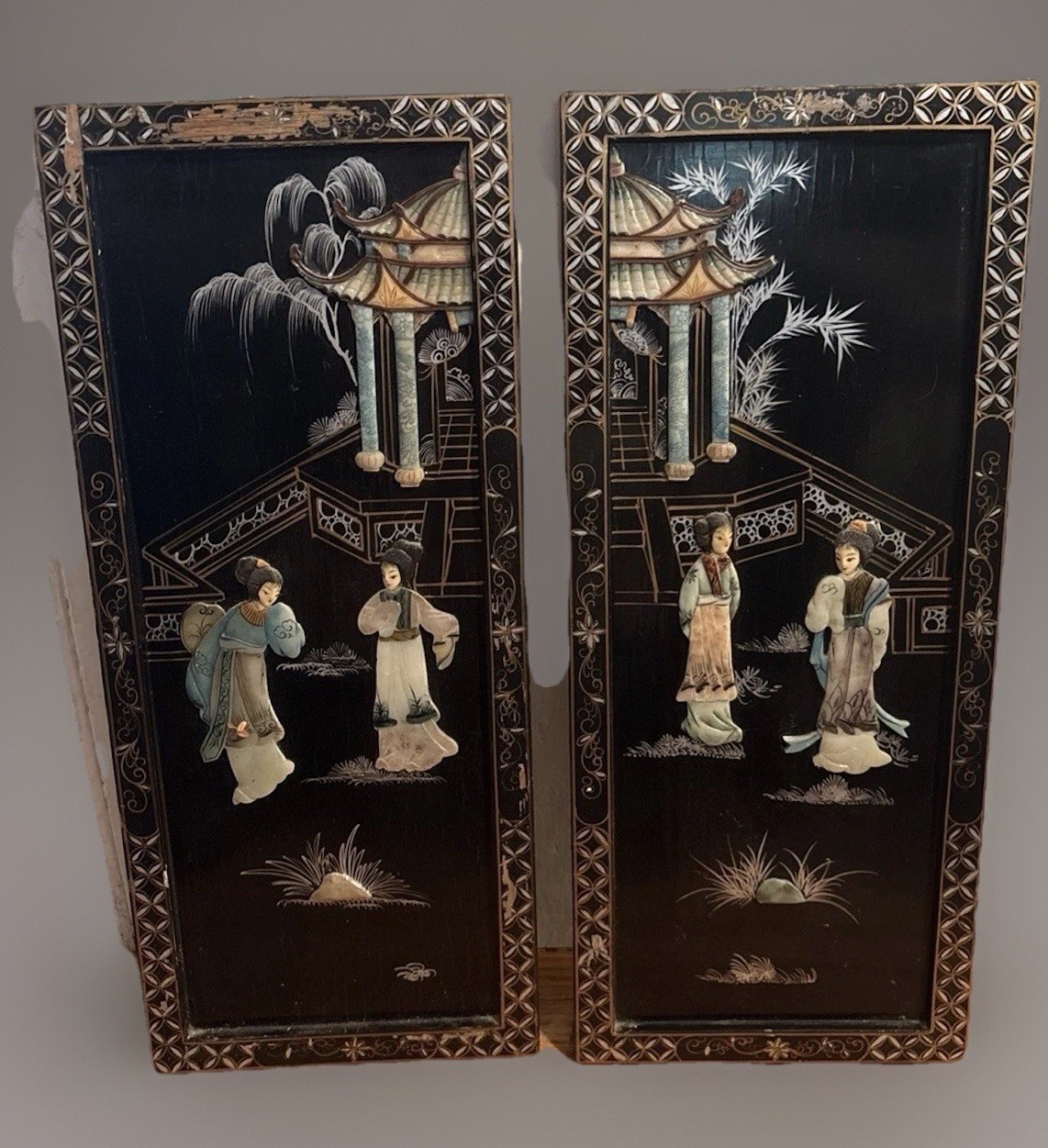 Pair Vintage Chinese Black Lacquer Applied Hardstone Court Figures, MOP Inlay