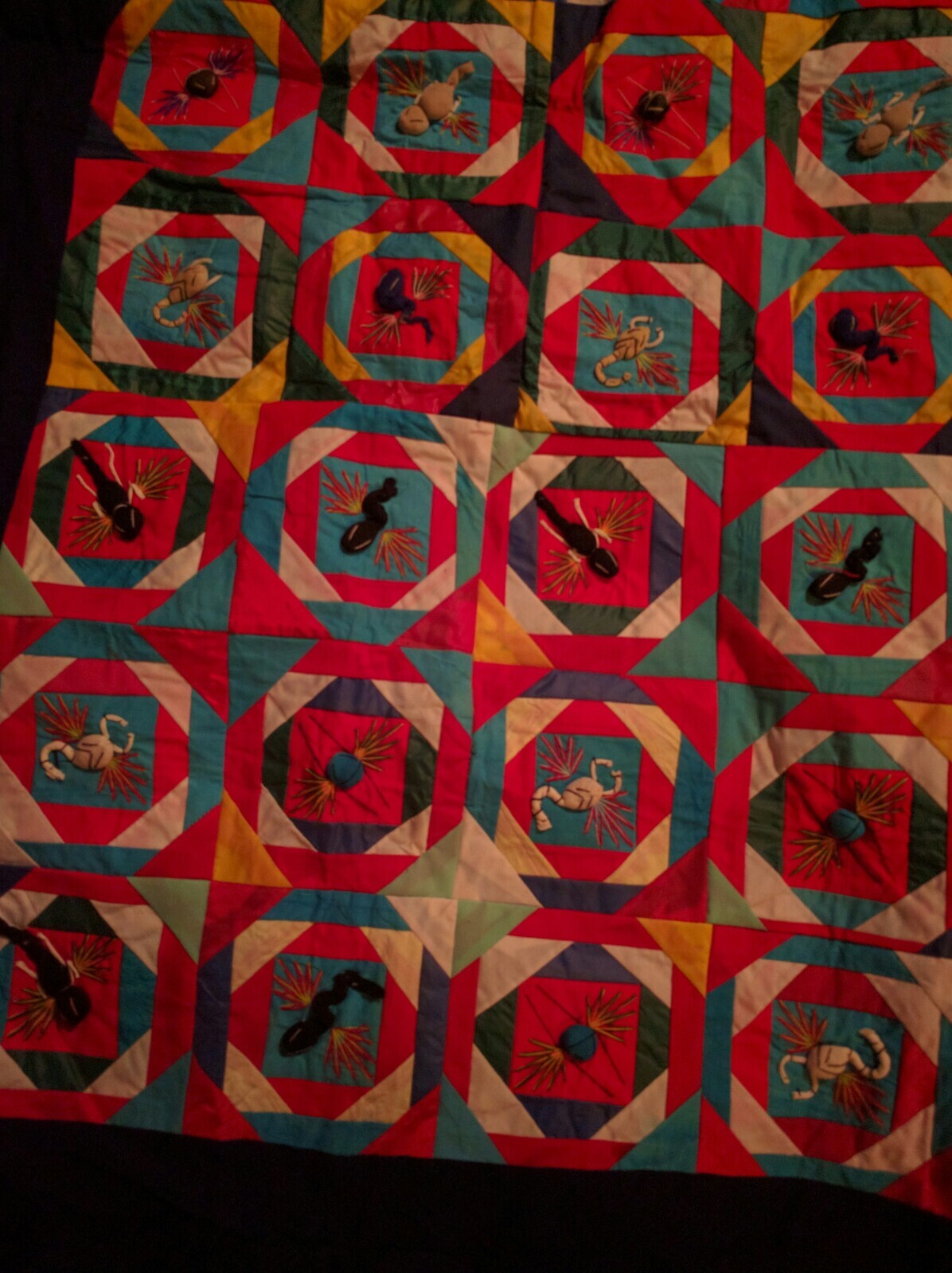 Vntg multi-color Chinese “bai Jim bie” Folk Art Quilt 59” x 59” 3D Textile Art