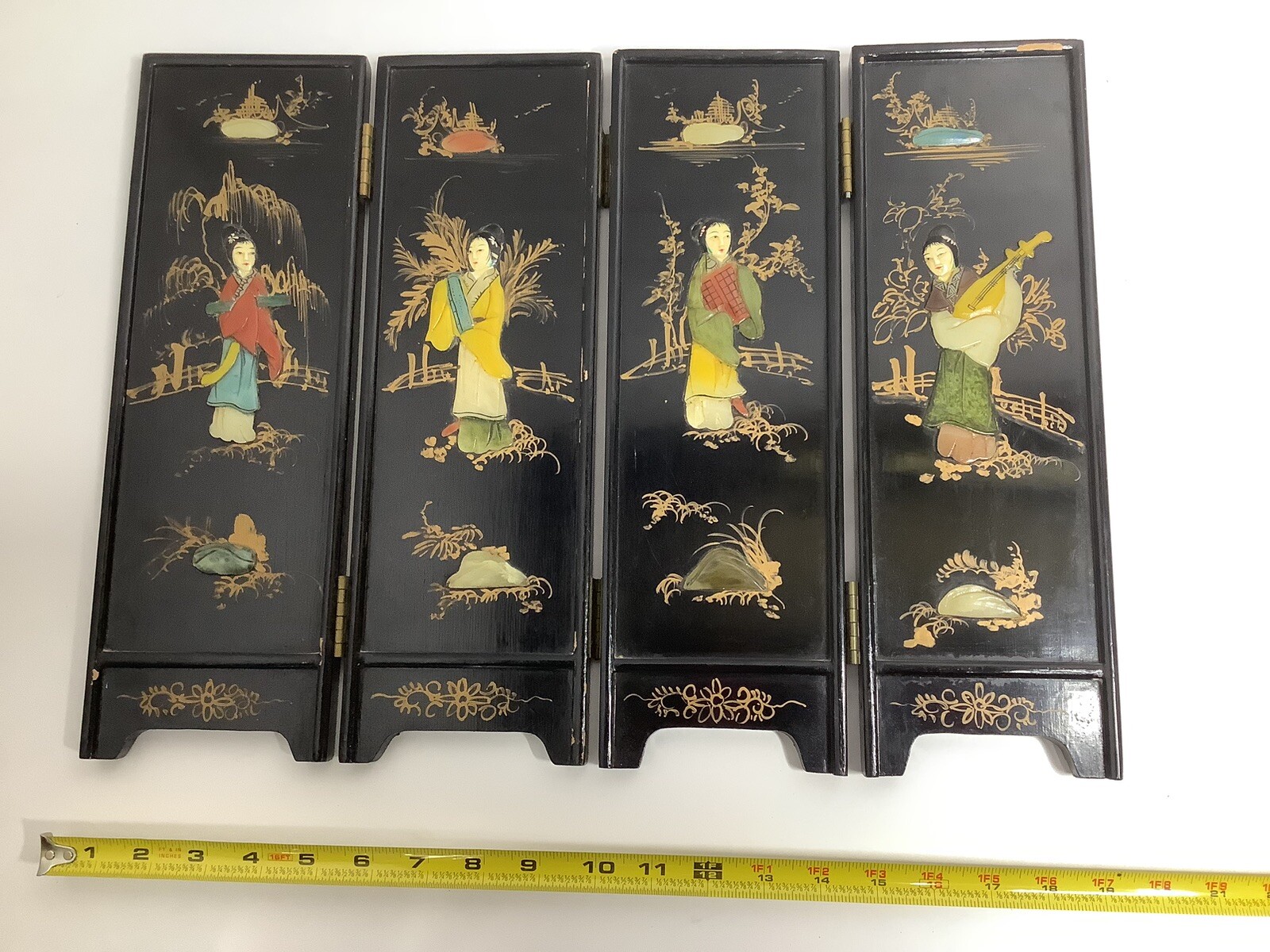 Vintage Mini Asian Chinese Lacquer Table Top Folding Screen Carved Stones Rare