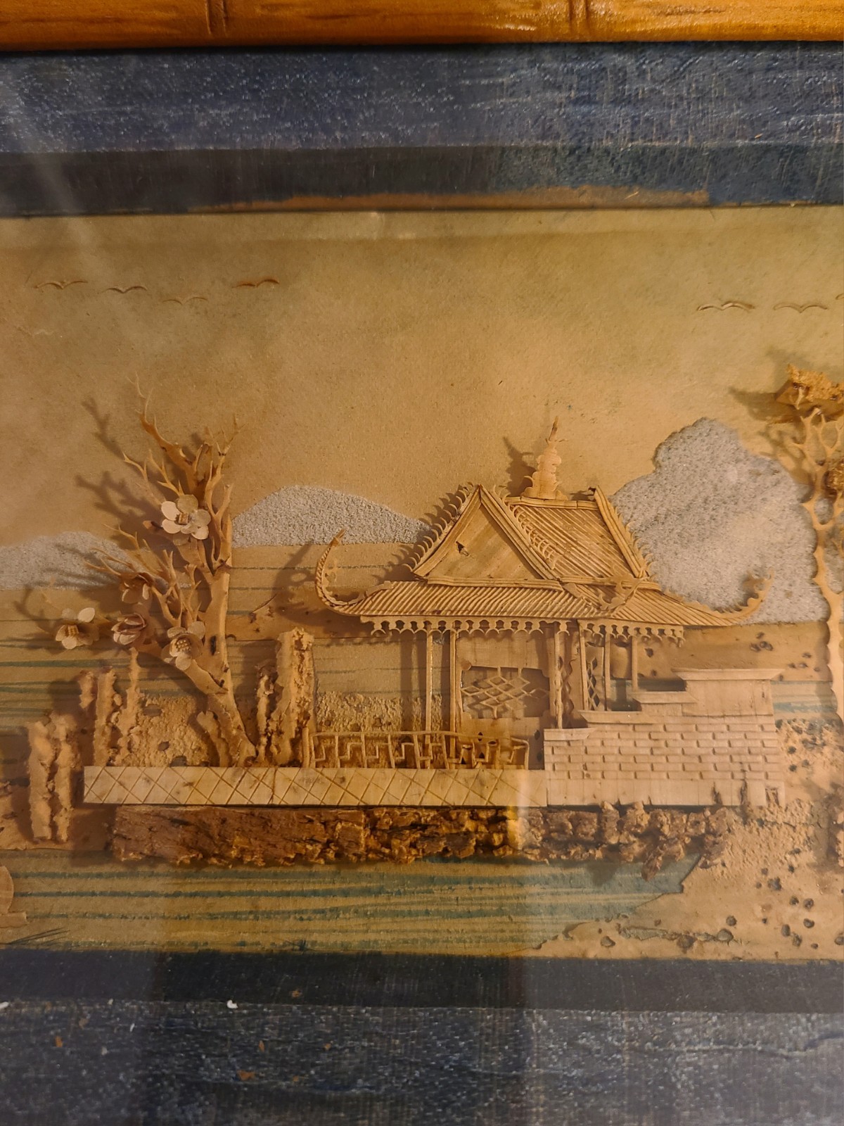 Vtg Chinese Hand Carved Cork Diorama Under Glass Frame Artwork 8.5×6.5″
