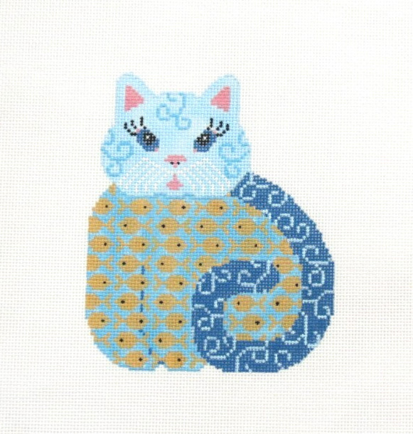 JP Needlepoint Kitty Cat with Fishes Animal Handpainted Needlepoint Canvas 411