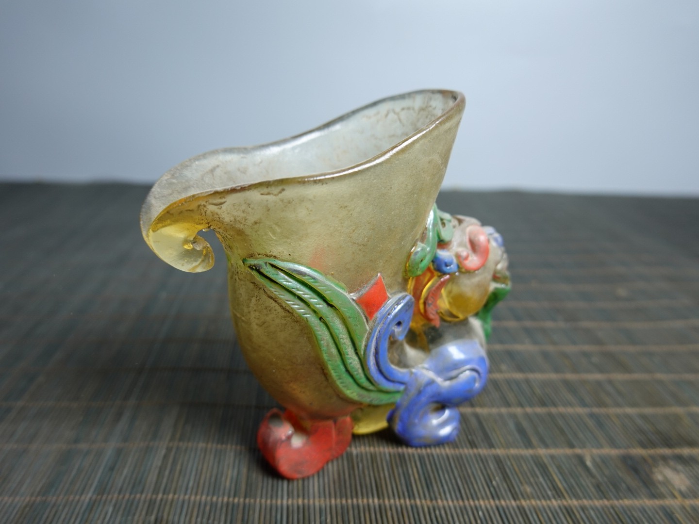 4.1″Collect Old China Coloured Glaze Painted Pixiu Beast Handle Three-legged Cup