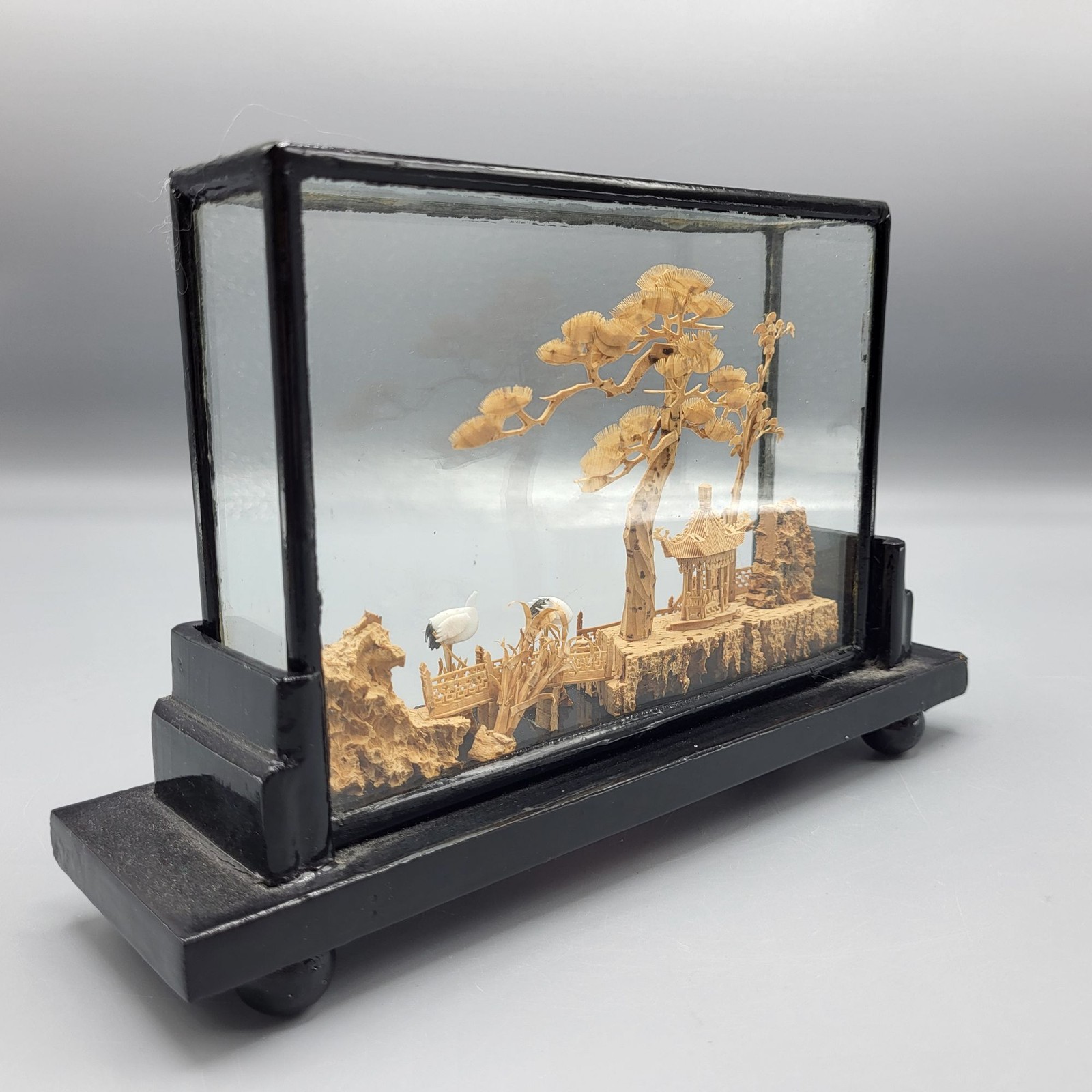 Vtg Chinese Hand Carved Cork Diorama Cranes Black Lacquer Art Stand 5″ x 7.75″