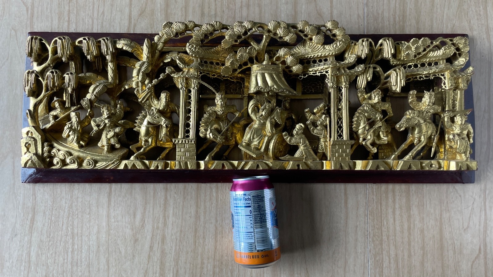 Chinese Gold Gilt Wood Carved Relief Panel Temple Boat Warriors Horses 27×9
