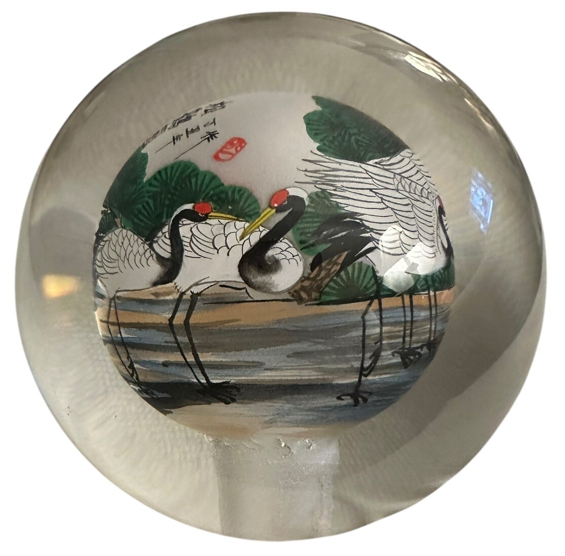 Interior Painted Glass Sphere Depicting Beautiful Scenes With Cranes Vintage