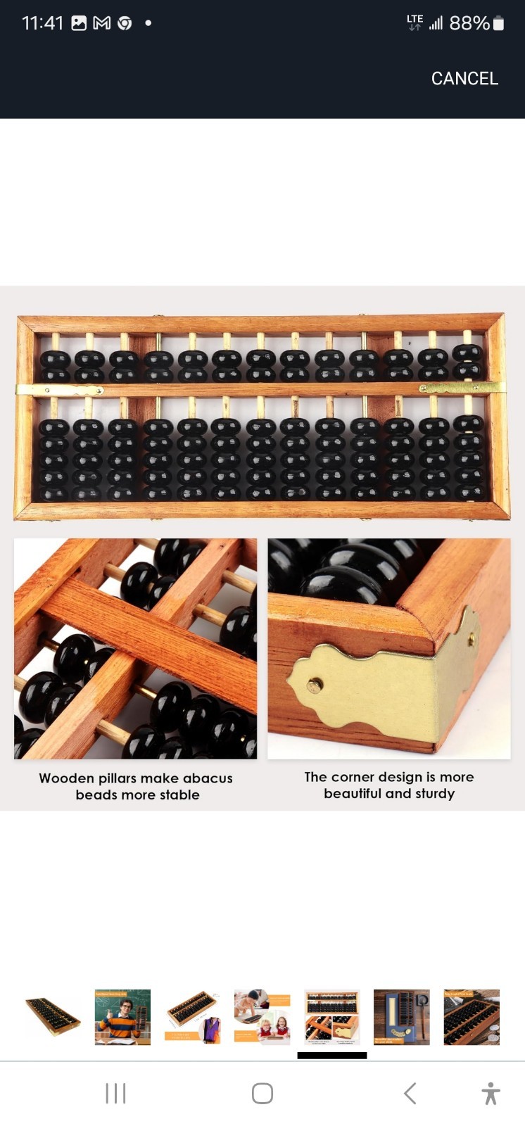 Vintage Chinese Abacus Wood Frame w Brass Holders 13 Rods & 91 Black Wood Beads