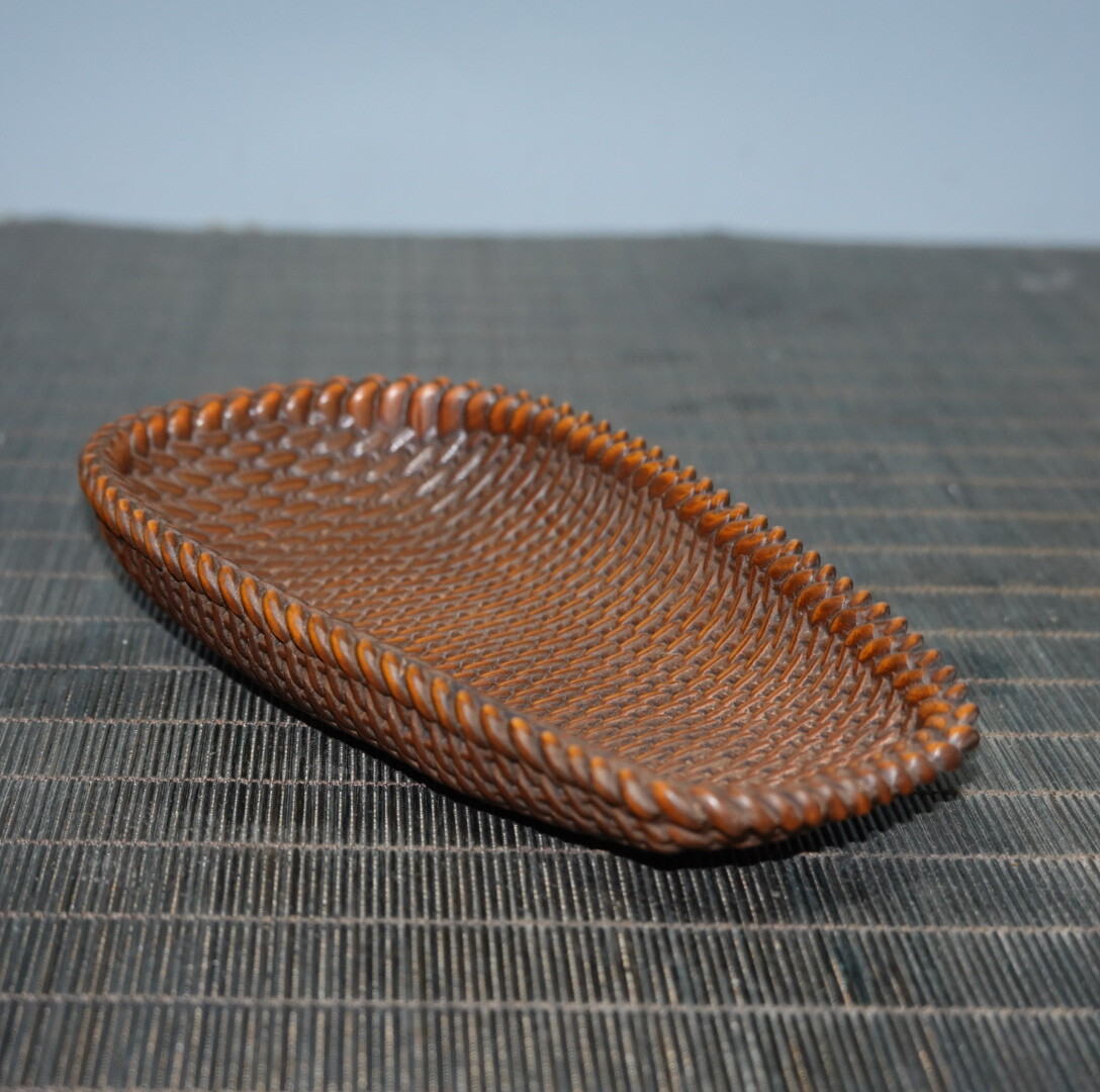 6.1″ Collect Chinese Box-wood Carving Woven Pattern Tea Shovel Statue