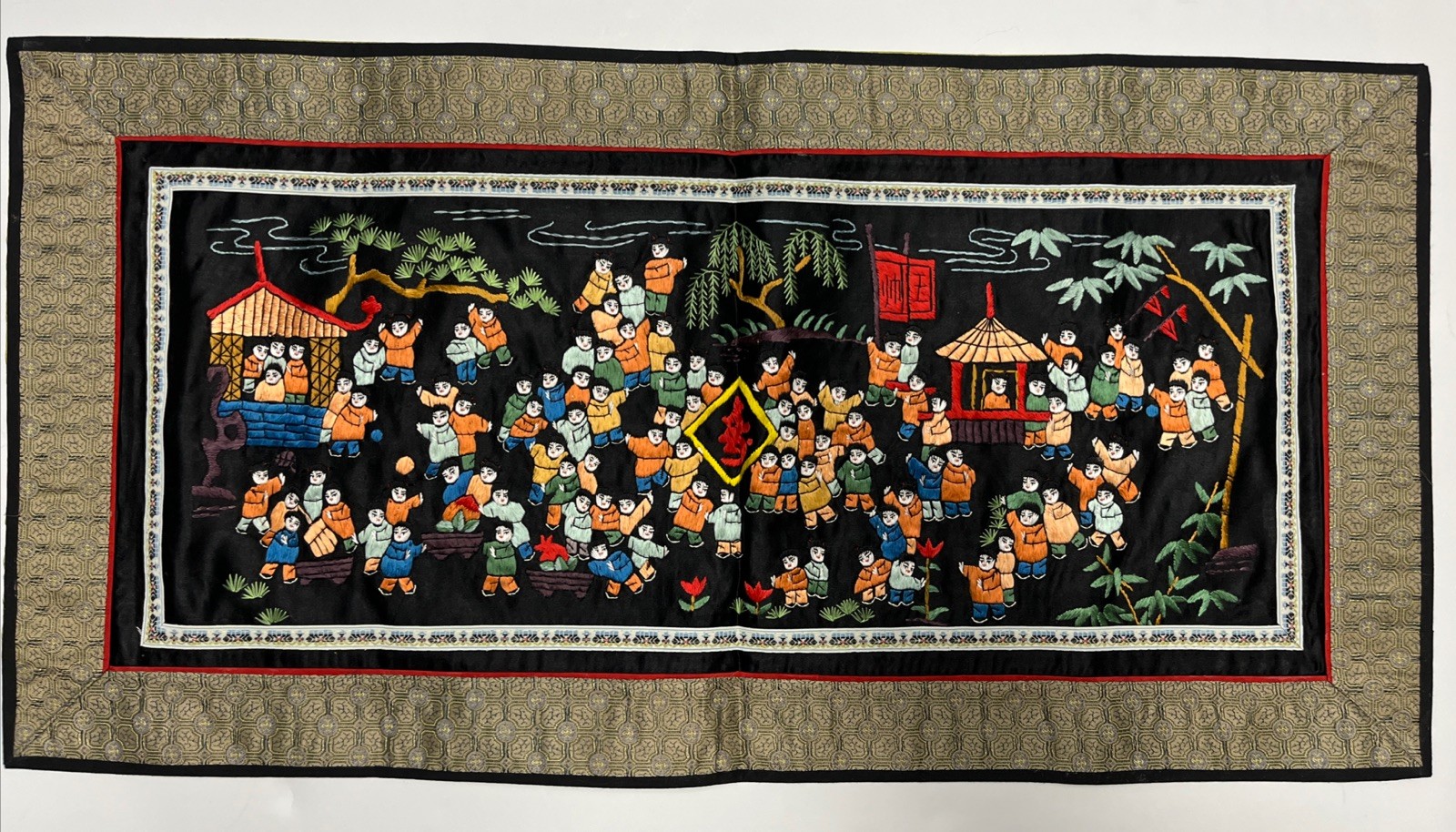 Vintage Chinese Hand Embroidered Black Silk Panel 100 Happy Children Playing EUC