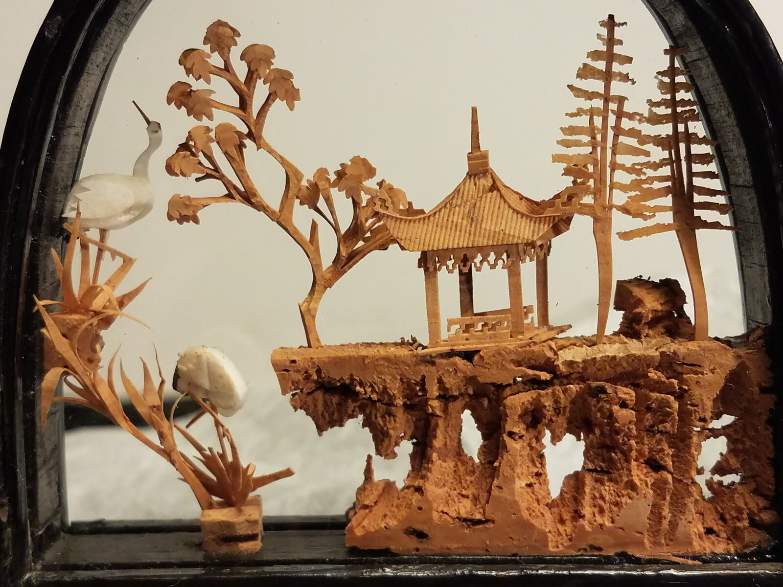 Chinese Lacquered Arched, Hand Carved Cork Diorama, Pagoda Trees Cranes