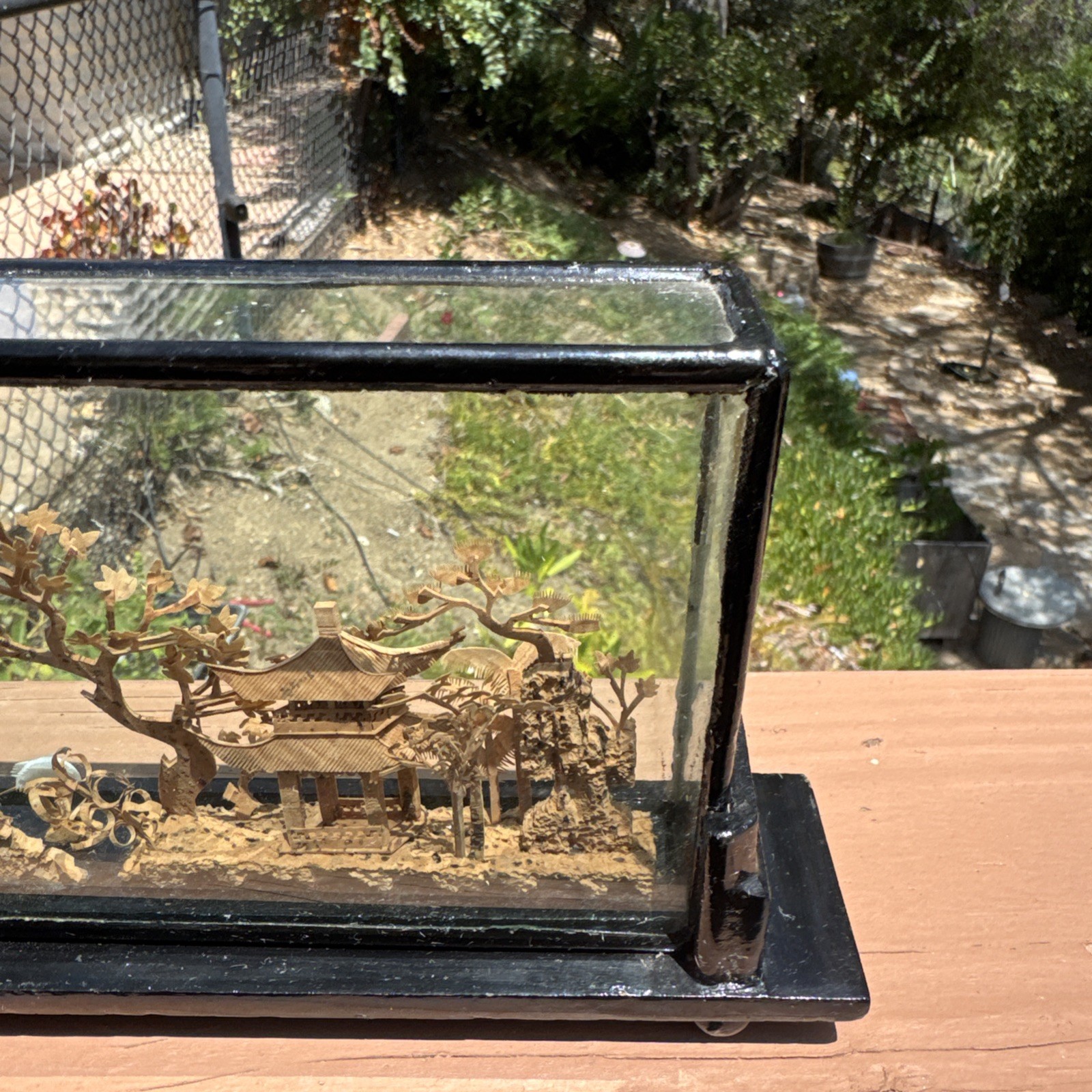Vintage Chinese Hand Carved Cork Diorama with birds Framed Glass Wood 8” x 5”