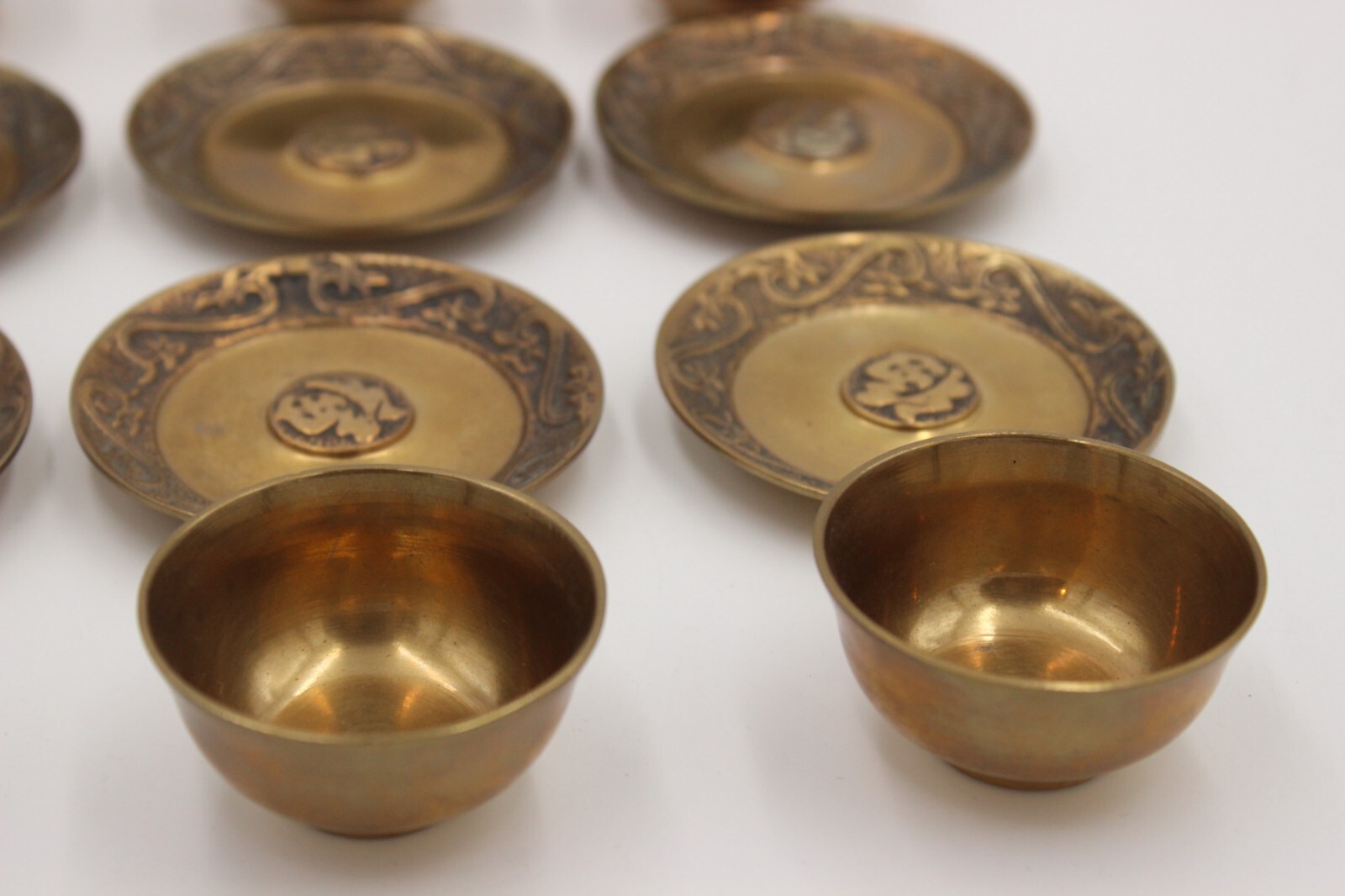 Vintage Handmade Chinese Calendar Brass Zodiac Signs Tea Set Unmarked Unsigned