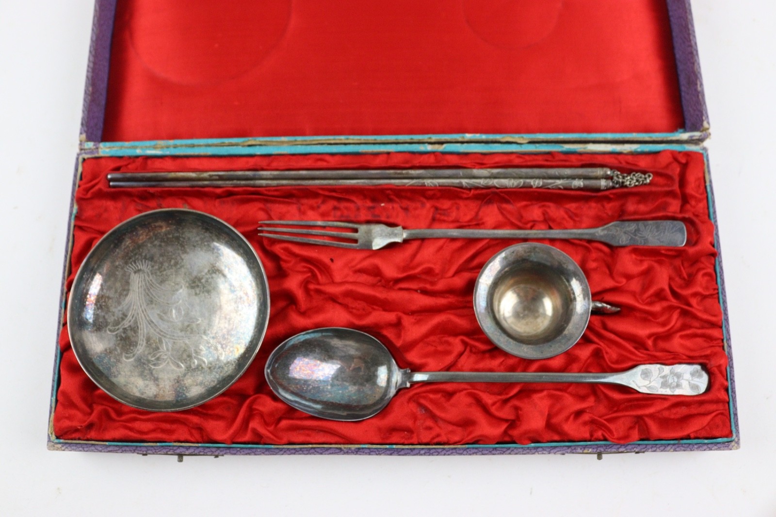 5 pc Chinese Republic sterling silver chopstick spoon dish cup fork original box