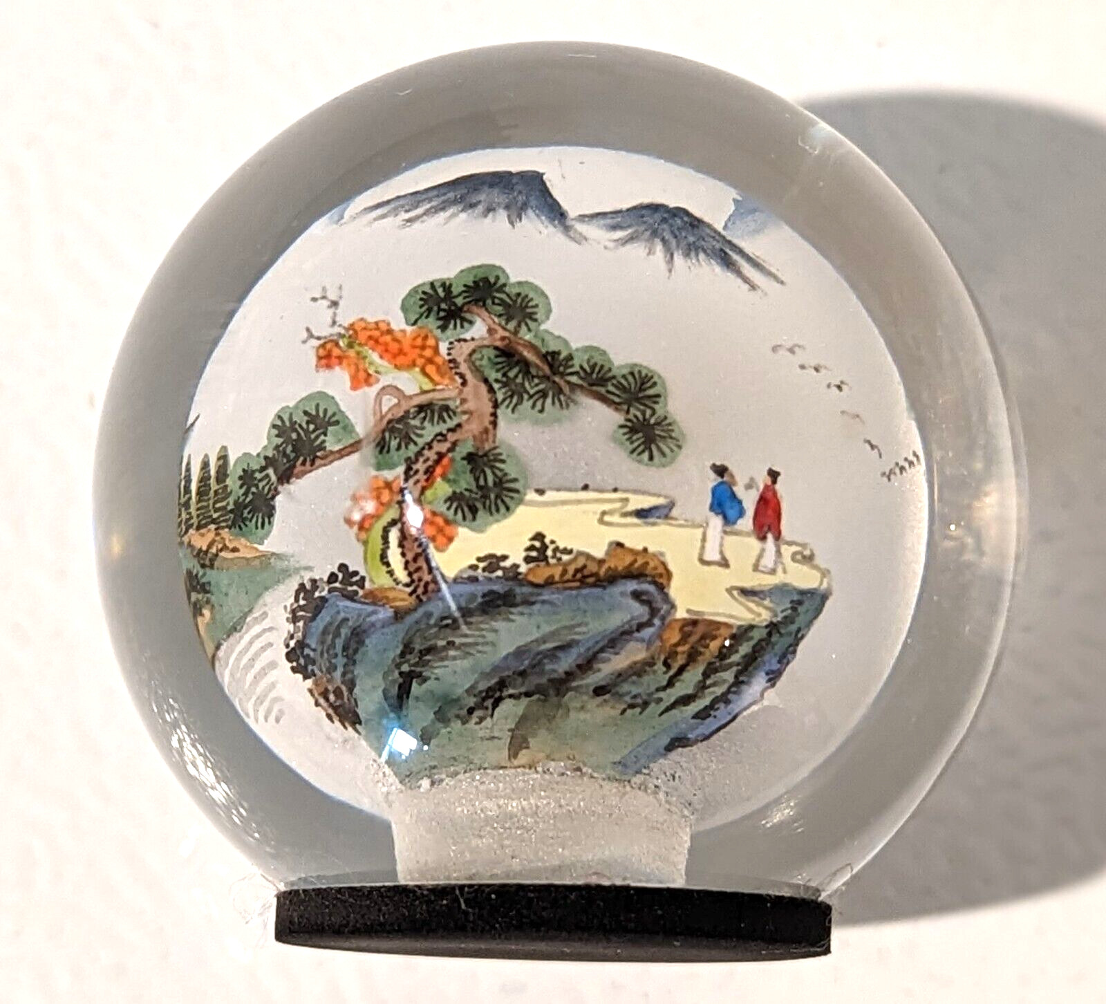 VTG Reverse Painted Glass Ball Sphere Paper Weight Oriental Mountain Scene