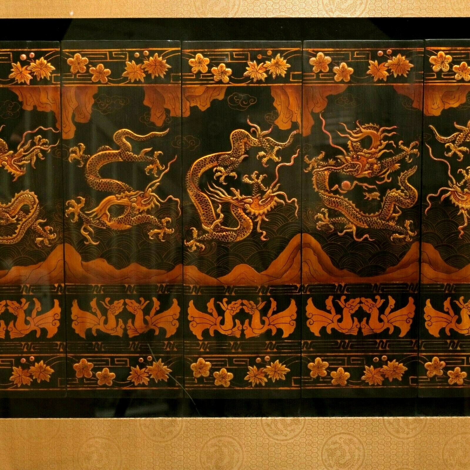 Exquisite 9 Dragon Floated Panels under Plexiglas in Large Gilded Frame VGUC+