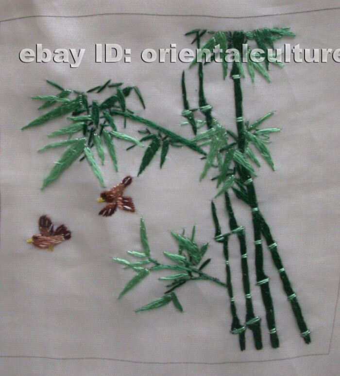 Chinese 100% hand embroidered silk suzhou embroidery art:birds bamboo 4.73inches