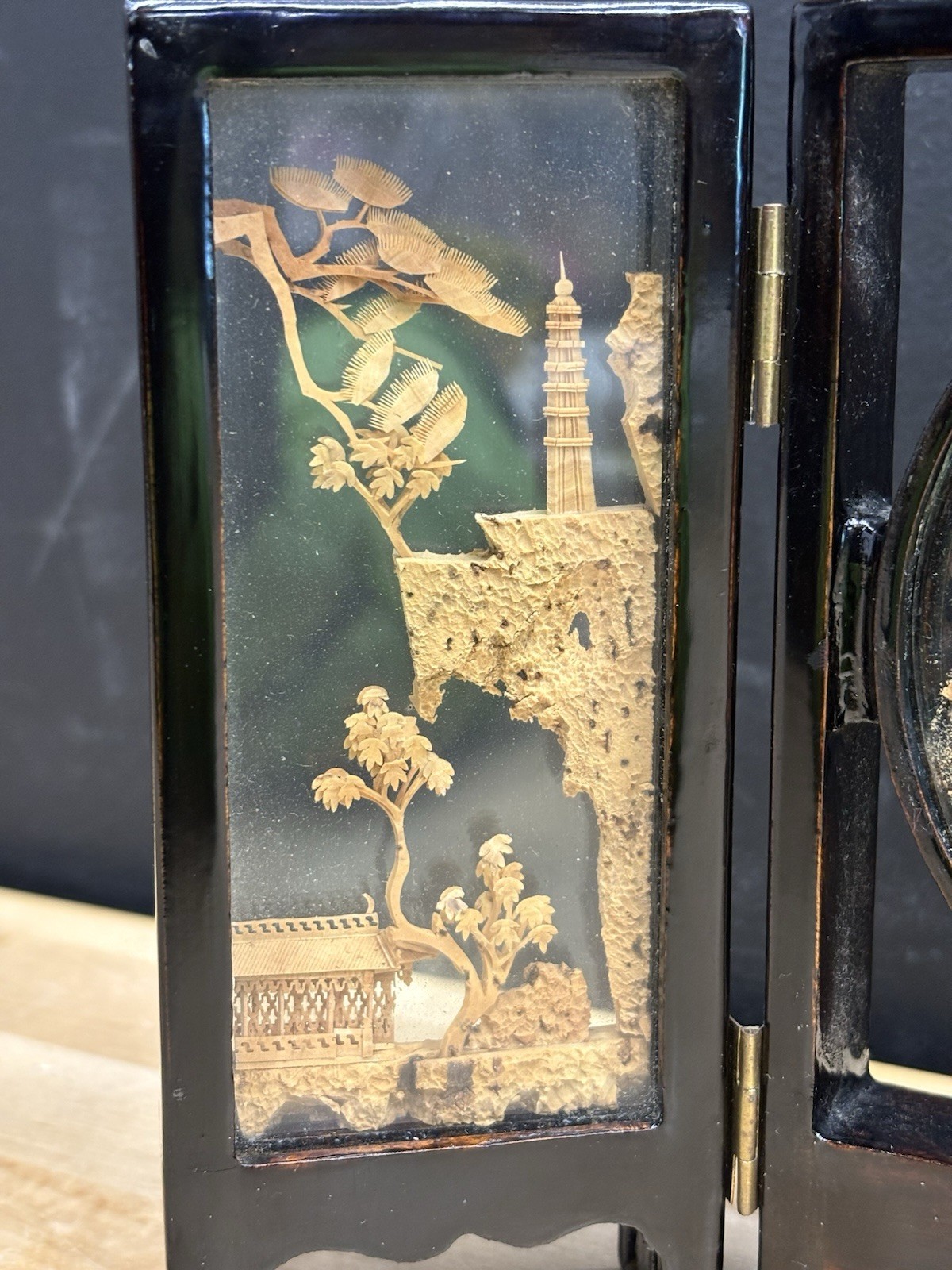 Vintage Chinese Cork Art Hand Carved Tri-Fold Diorama Box Pagoda Trees Cranes