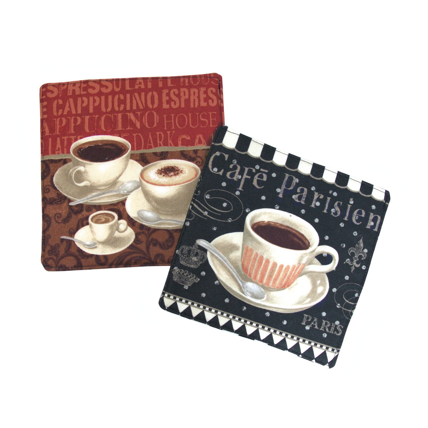 Hand Sewn 6.5″ Mini Quilted Fabric Placemat Squares French Coffee Themed Pair