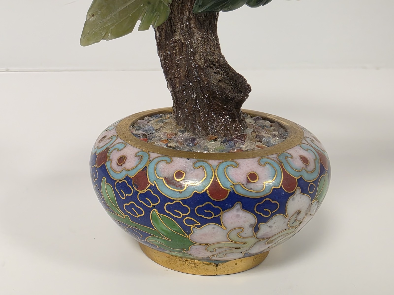 Asian Bonsai Tree Blossom Cloisonne Floral Pot White And Green Stone Jade?