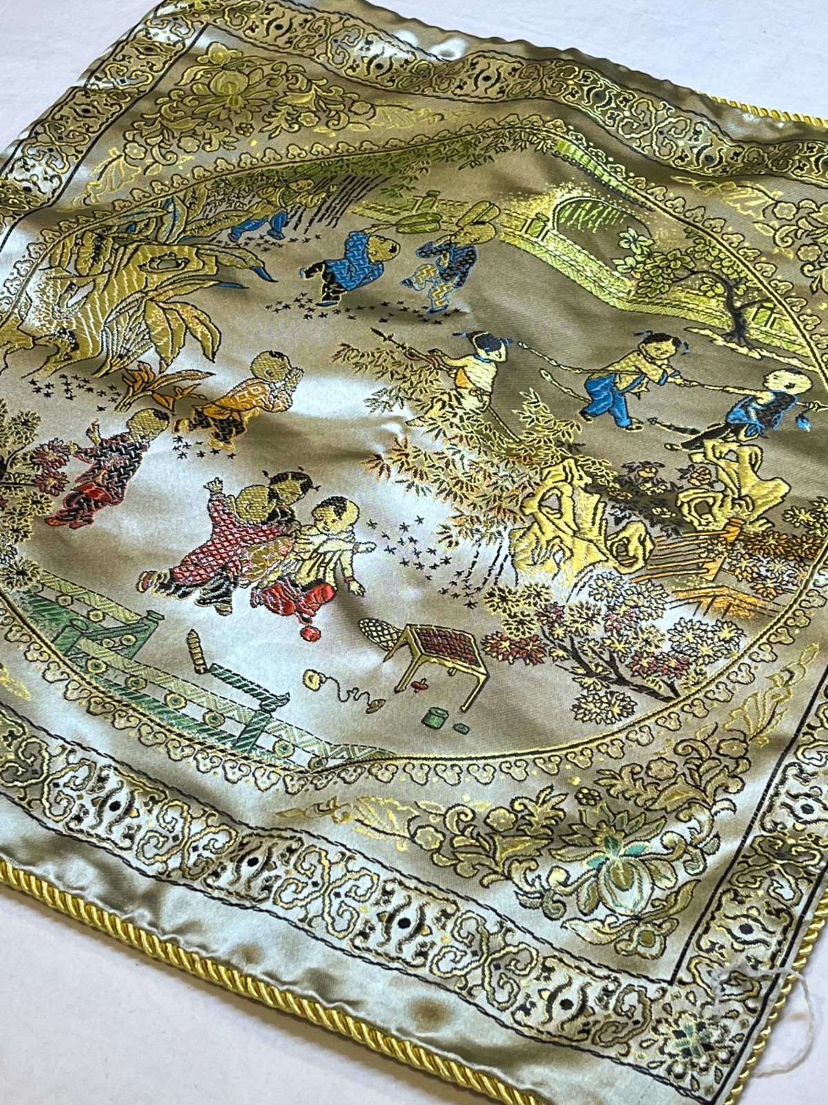 Vintage Chinese Silk Brocade Pillow Covers – Hand Embroidered – 17″ – Children