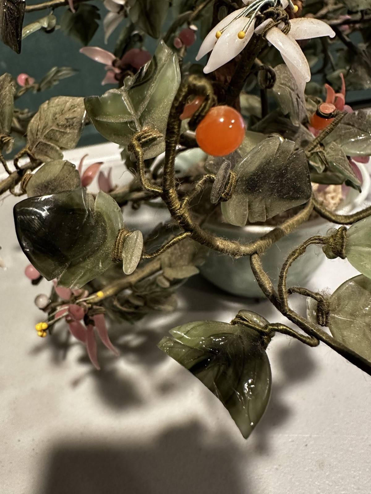 Vintage Chinese Hand Carved Jade Stone Flower Blossom Bonsai Tree Porcelain Pot
