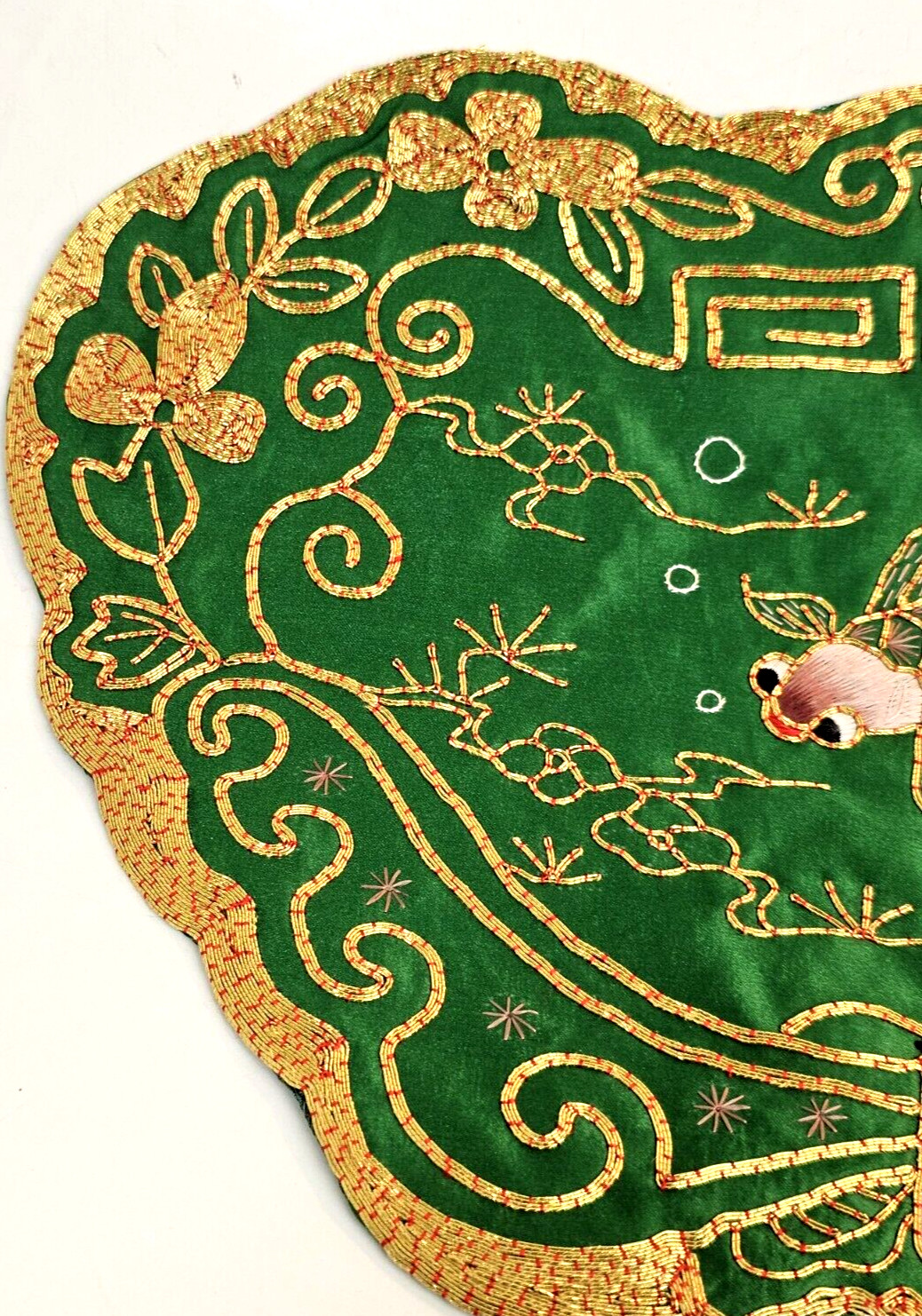 2-VTG Golden Cloud Chinese Hand Embroidered Gold Thread Silk Fish Doily Mats