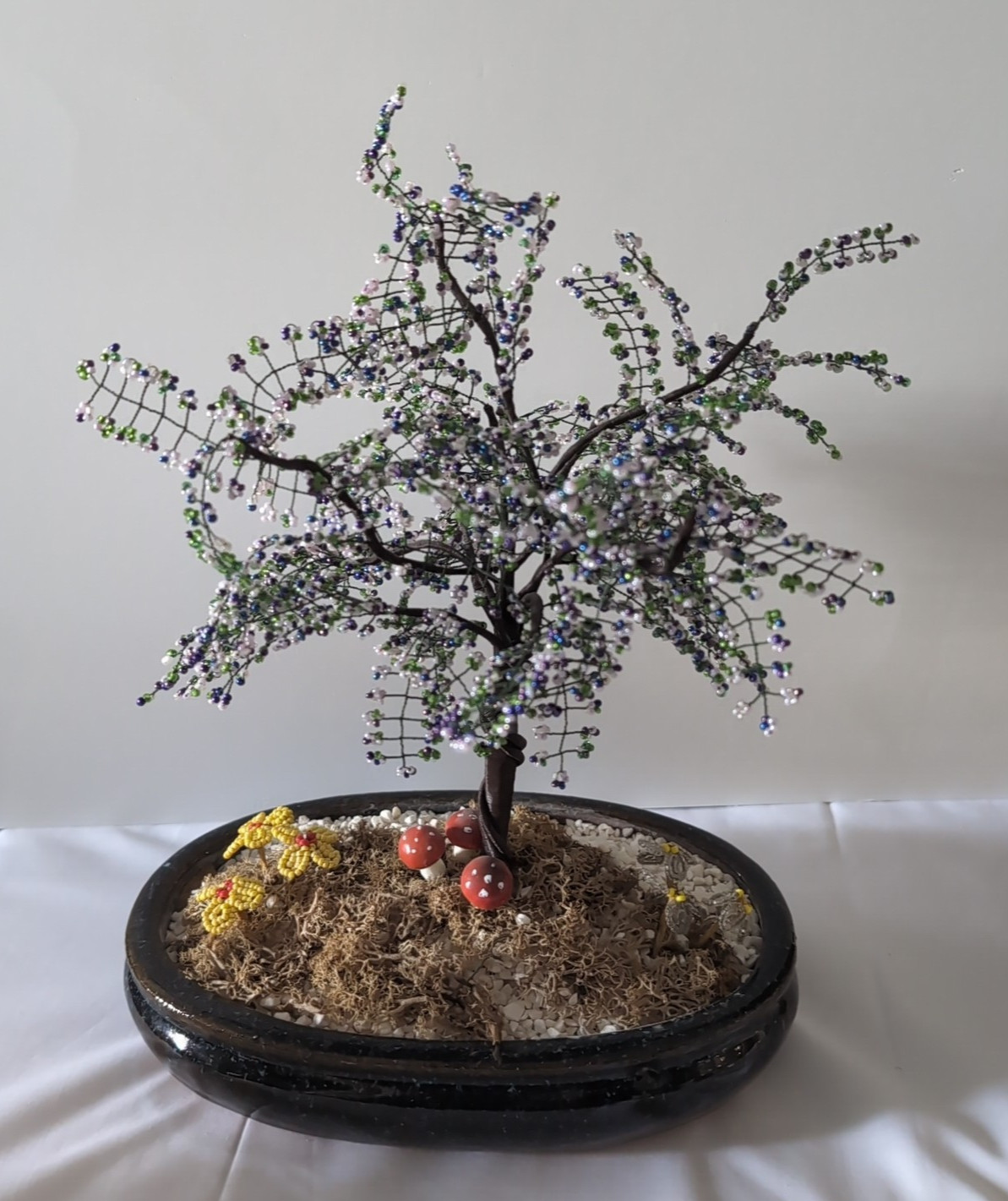 Vintage Beaded Bonsai Tree 12″ T Handcrafted Terracotta Glazed Pot