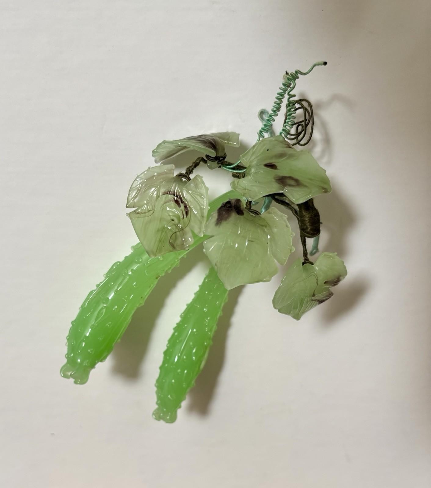 Vintage Chinese Jade Green Glass Pair of Cucumbers with 5 Jade Green Leaves
