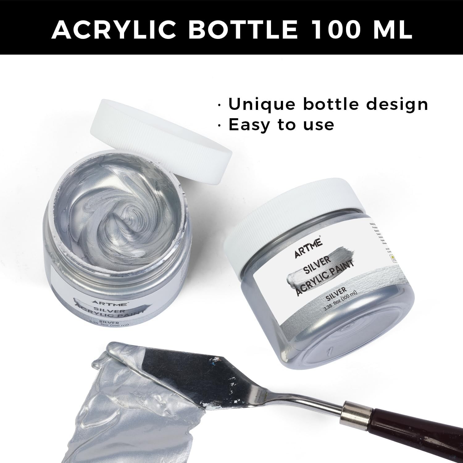 ARTME Metallic Silver Acrylic Paint, 100ml Silver Paint for Art, Hand-crafts, No
