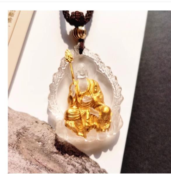 48MM China White Coloured Glaze Carving Gild Buddhism Ksitigarbha Buddha Pendant