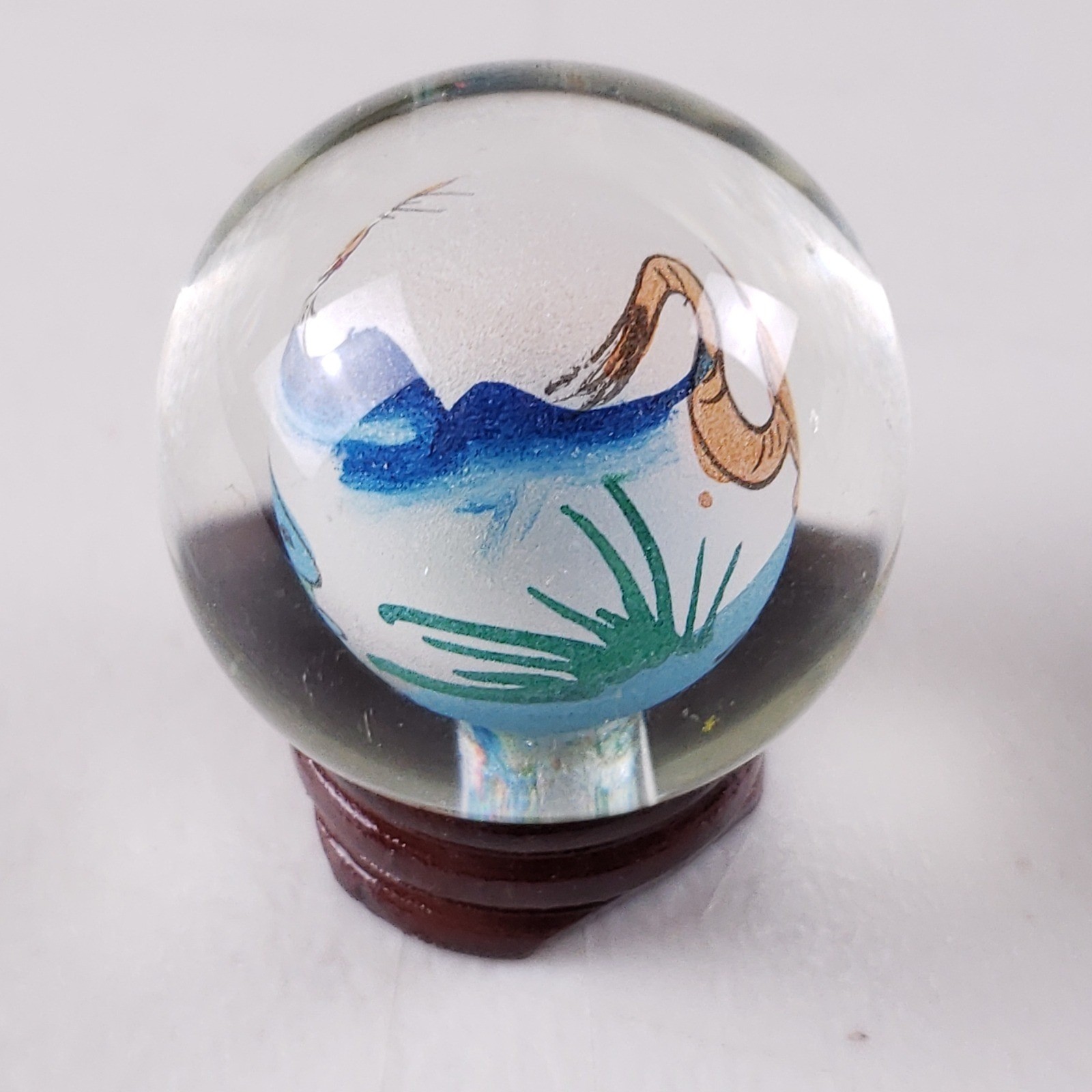 Vintage Chinese Hand Painted Tiger Glass Orb Sphere with Wood Stand and Box