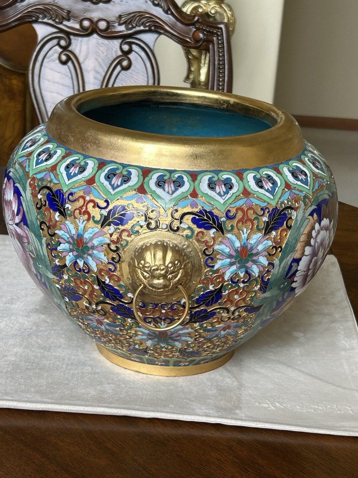Chinese Cloisonné Planter Flower Pot Peonies Birds Lion Head Accent Brass
